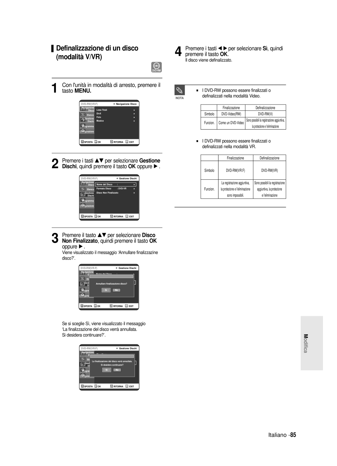 Samsung DVD-R120/AFS, DVD-R121E/XEG, DVD-R120/XET, DVD-R120E/XET manual Definalizzazione di un disco, Modalità V/VR 