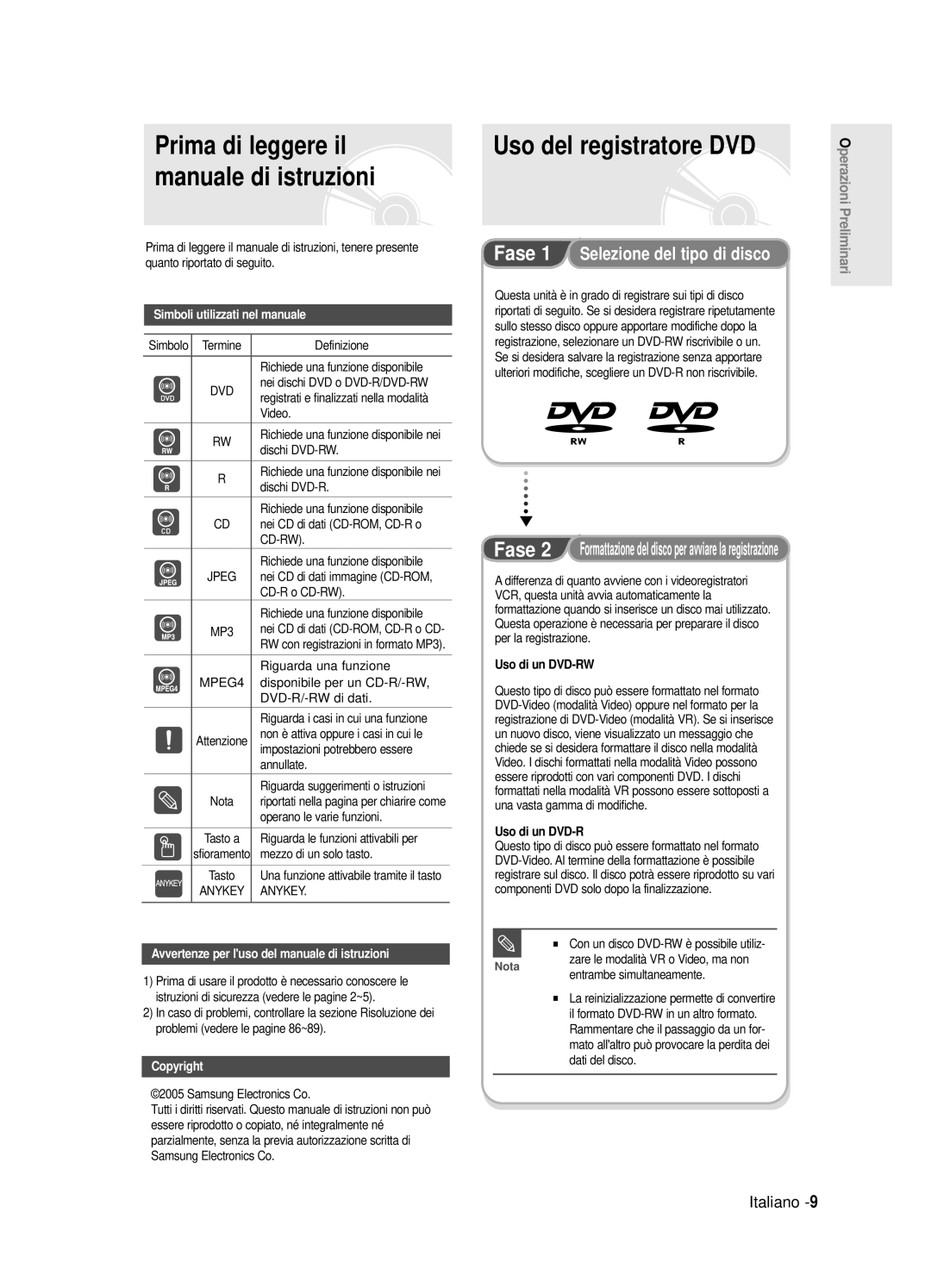 Samsung DVD-R120/AFS, DVD-R121E/XEG Prima di leggere il, Manuale di istruzioni, Simboli utilizzati nel manuale, Copyright 