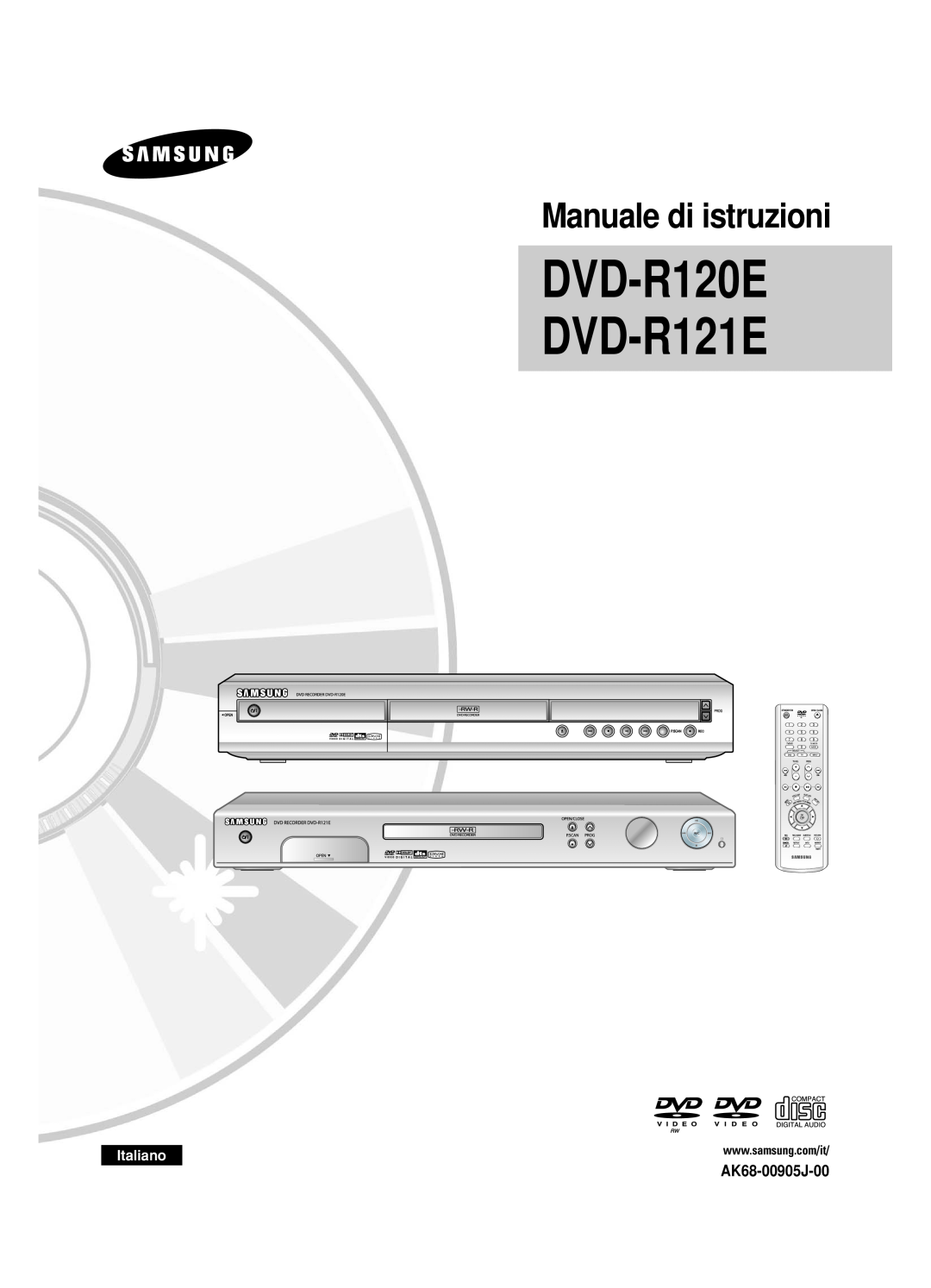 Samsung DVD-R120/AFS, DVD-R121E/XEG manual AK68-00905J-00, Italiano, DVD-R120E DVD-R121E, Manuale di istruzioni 