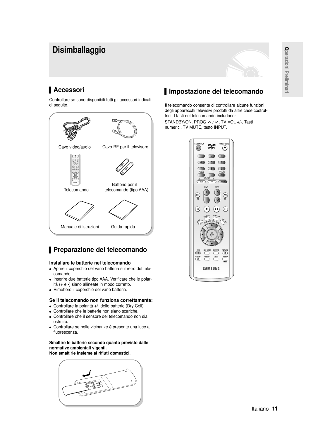 Samsung DVD-R120E/XET Disimballaggio, Accessori, Preparazione del telecomando, Impostazione del telecomando, Italiano 