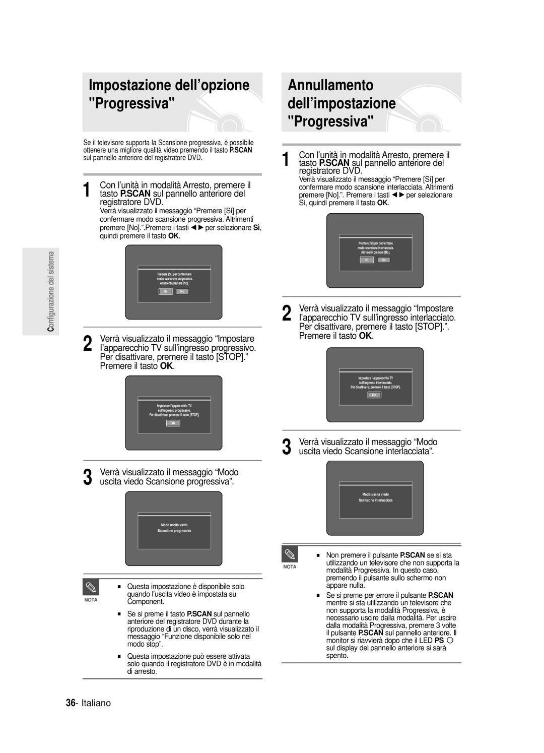 Samsung DVD-R121E/XEG Annullamento dell’impostazione Progressiva, Impostazione dell’opzione Progressiva, registratore DVD 