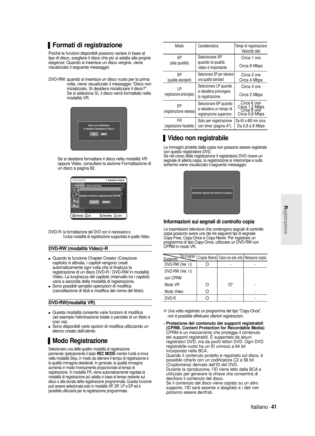 Samsung DVD-R120/AFS manual Formati di registrazione, Video non registrabile, Modo Registrazione, DVD-RW modalità Video/-R 