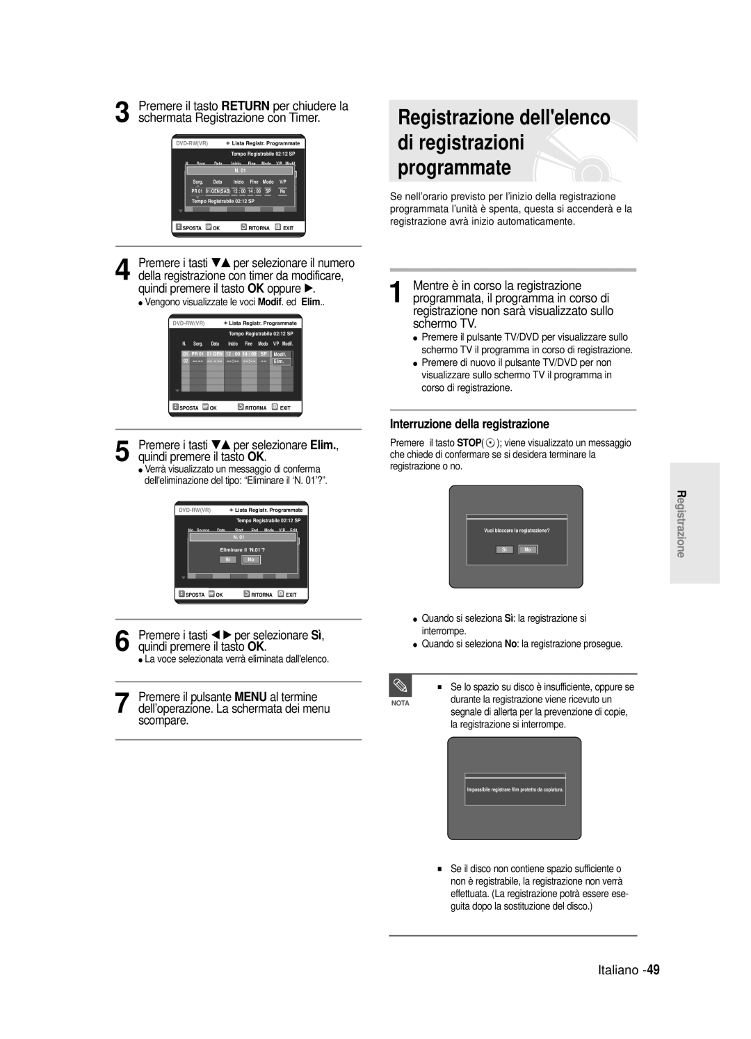 Samsung DVD-R120/AFS Registrazione dellelenco di registrazioni programmate, Interruzione della registrazione, Italiano 