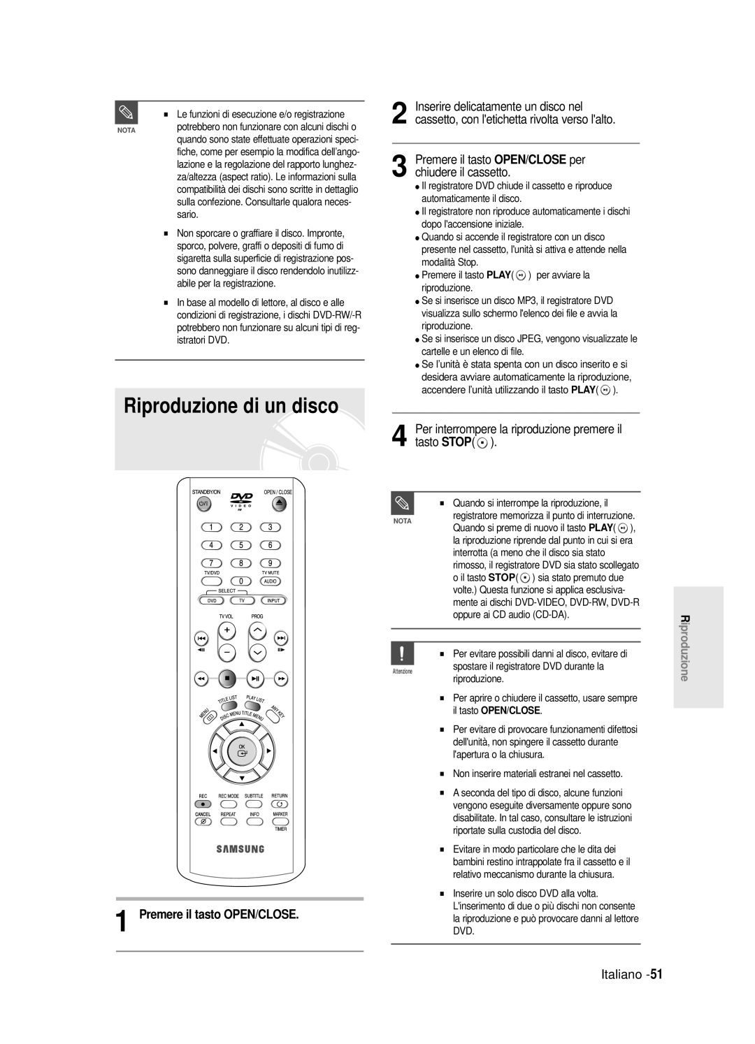 Samsung DVD-R120E/XET manual Riproduzione di un disco, Per interrompere la riproduzione premere il tasto STOP, Italiano 