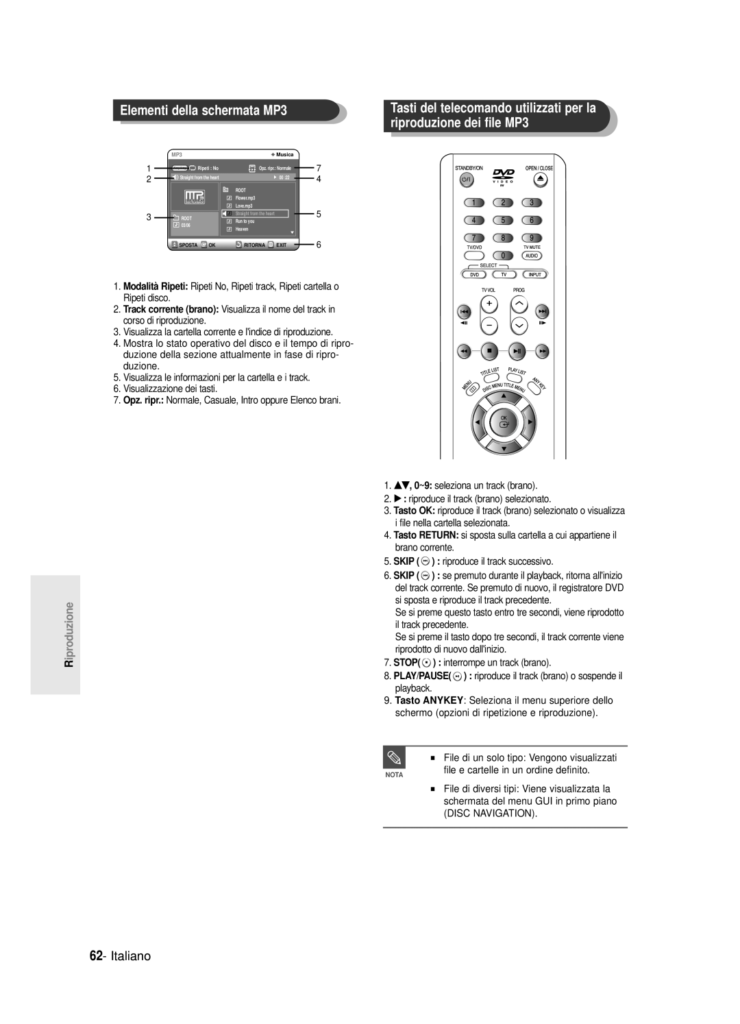 Samsung DVD-R120/XET manual Elementi della schermata MP3, Tasti del telecomando utilizzati per la riproduzione dei file MP3 