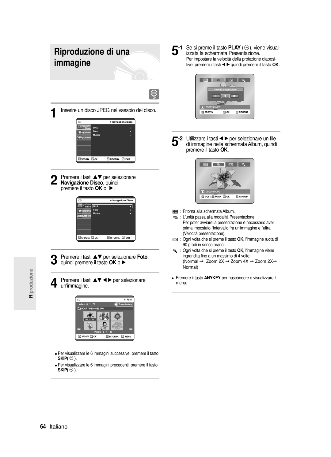 Samsung DVD-R121E/XEG, DVD-R120/AFS manual Riproduzione di una, immagine, izzata la schermata Presentazione, Italiano 
