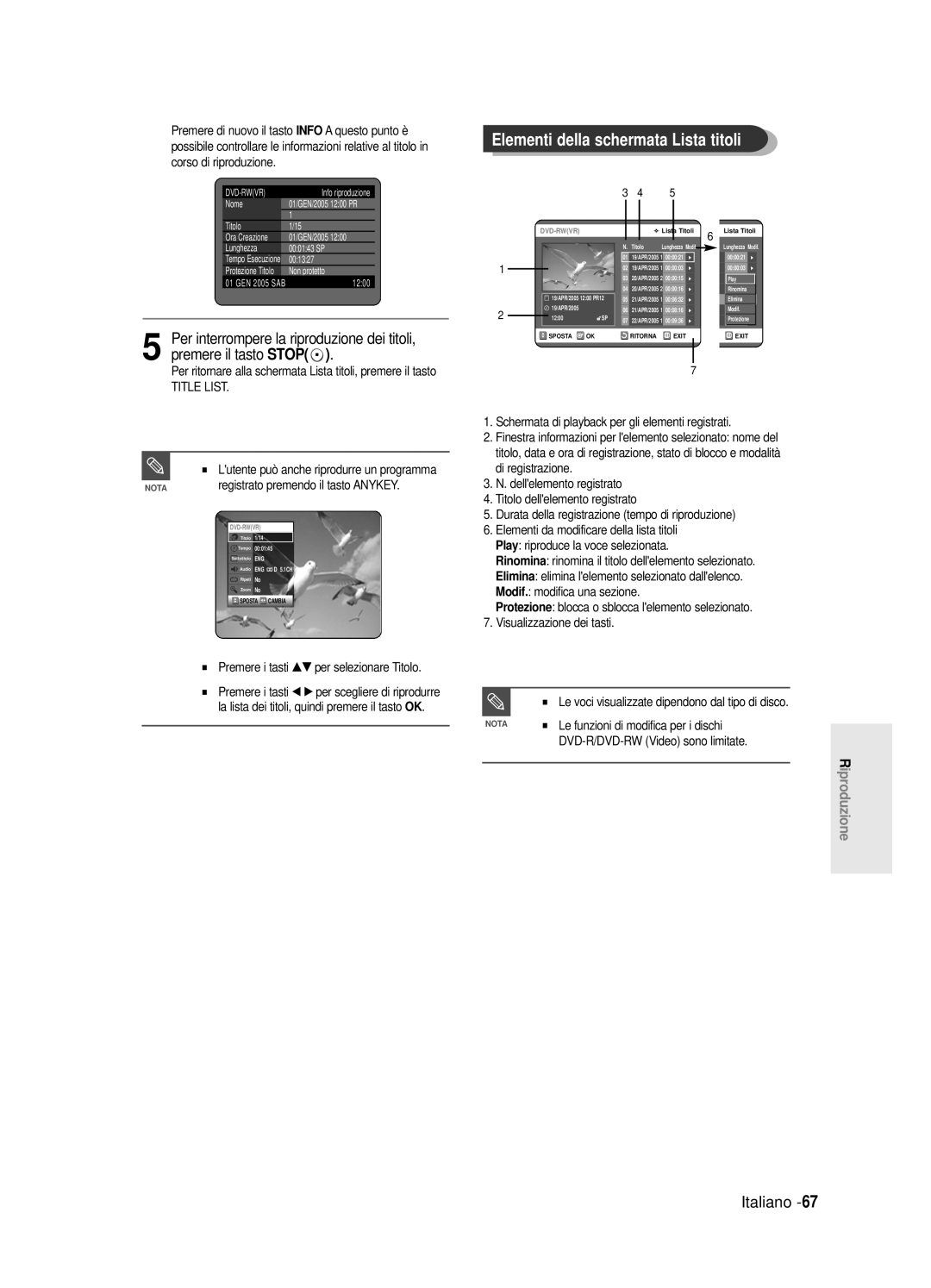 Samsung DVD-R120E/XET, DVD-R121E/XEG, DVD-R120/AFS manual Elementi della schermata Lista titoli, Italiano, Riproduzione 
