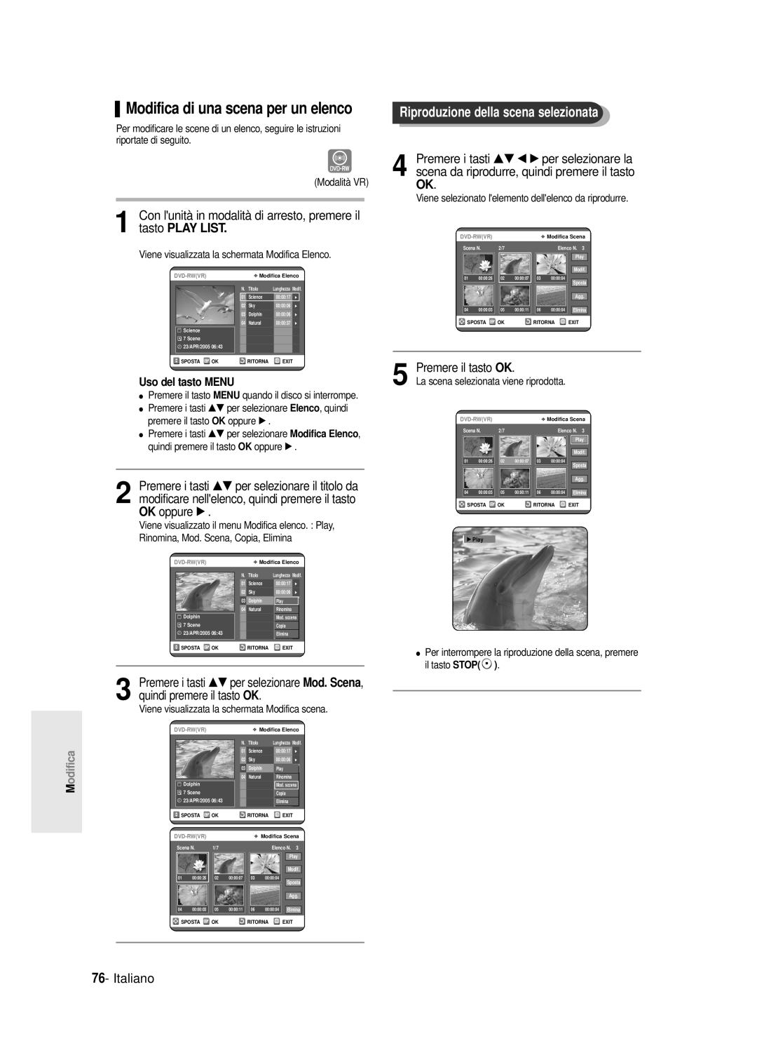 Samsung DVD-R121E/XEG manual Modifica di una scena per un elenco, Riproduzione della scena selezionata, Premere il tasto OK 