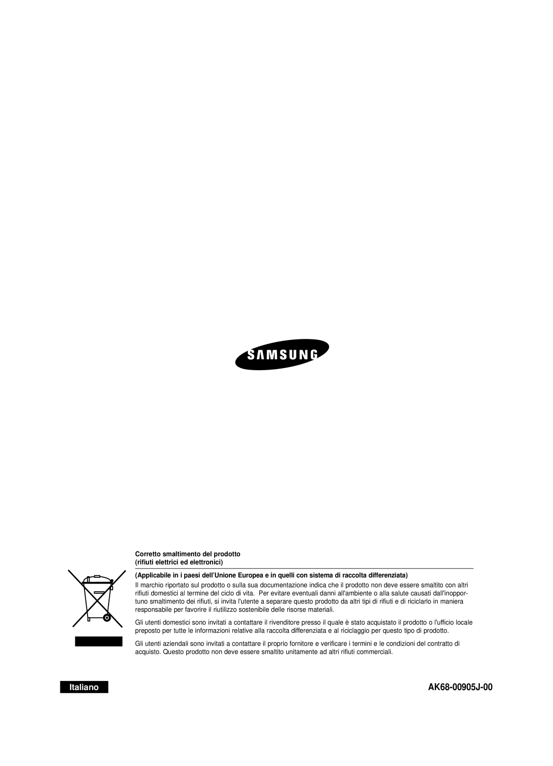 Samsung DVD-R121E/XEG manual AK68-00905J-00, Italiano, Corretto smaltimento del prodotto rifiuti elettrici ed elettronici 
