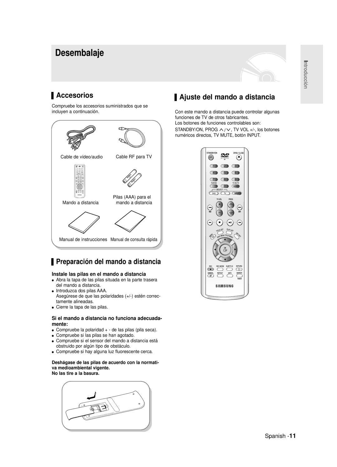 Samsung DVD-R120/SED Desembalaje, Accesorios, Ajuste del mando a distancia, Instale las pilas en el mando a distancia 