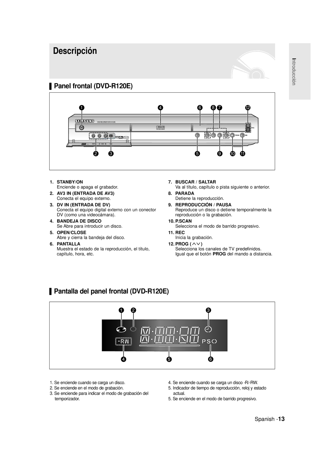 Samsung DVD-R120/XEC, DVD-R121E/XEG manual Descripción, Panel frontal DVD-R120E, Pantalla del panel frontal DVD-R120E 