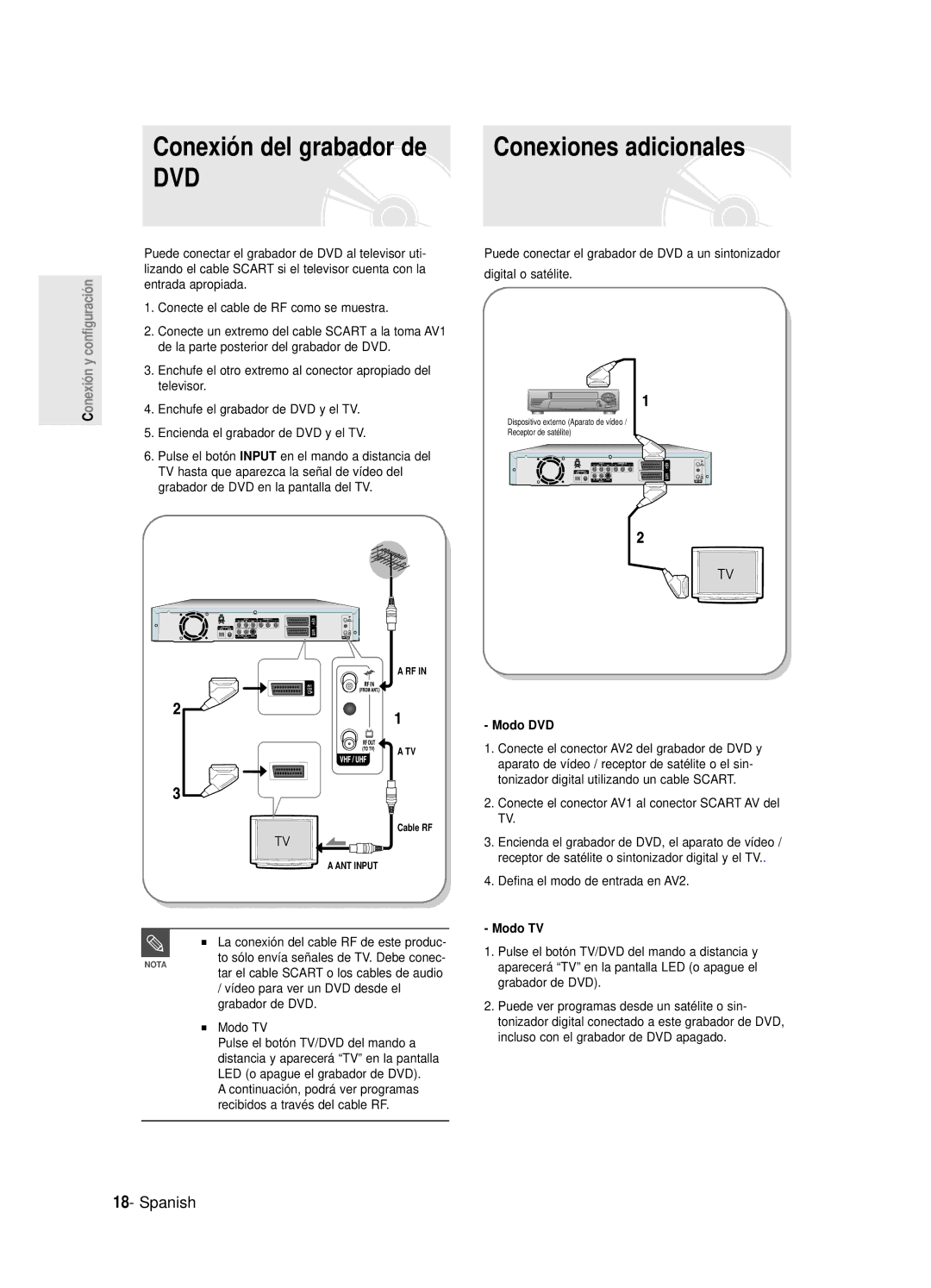 Samsung DVD-R120/XEF, DVD-R121E/XEG, DVD-R120E/XEF manual Conexión del grabador de, Conexiones adicionales, Modo DVD, Modo TV 