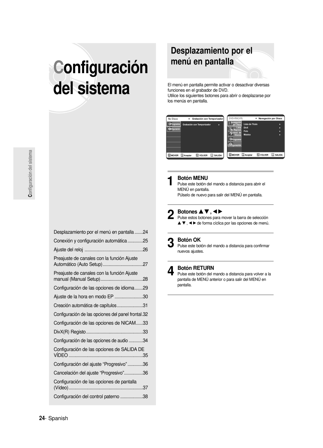 Samsung DVD-R120/XEE, DVD-R121E/XEG, DVD-R120E/XEF, DVD-R120/XEF manual Botón Menu, Botones … † , œ √, Botón OK, Botón Return 