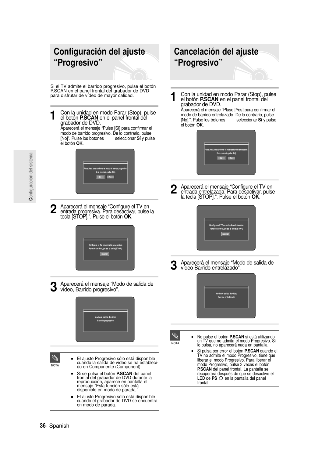 Samsung DVD-R120E/XET, DVD-R121E/XEG Configuración del ajuste, Progresivo, No pulse el botón P.SCAN si está utilizando 