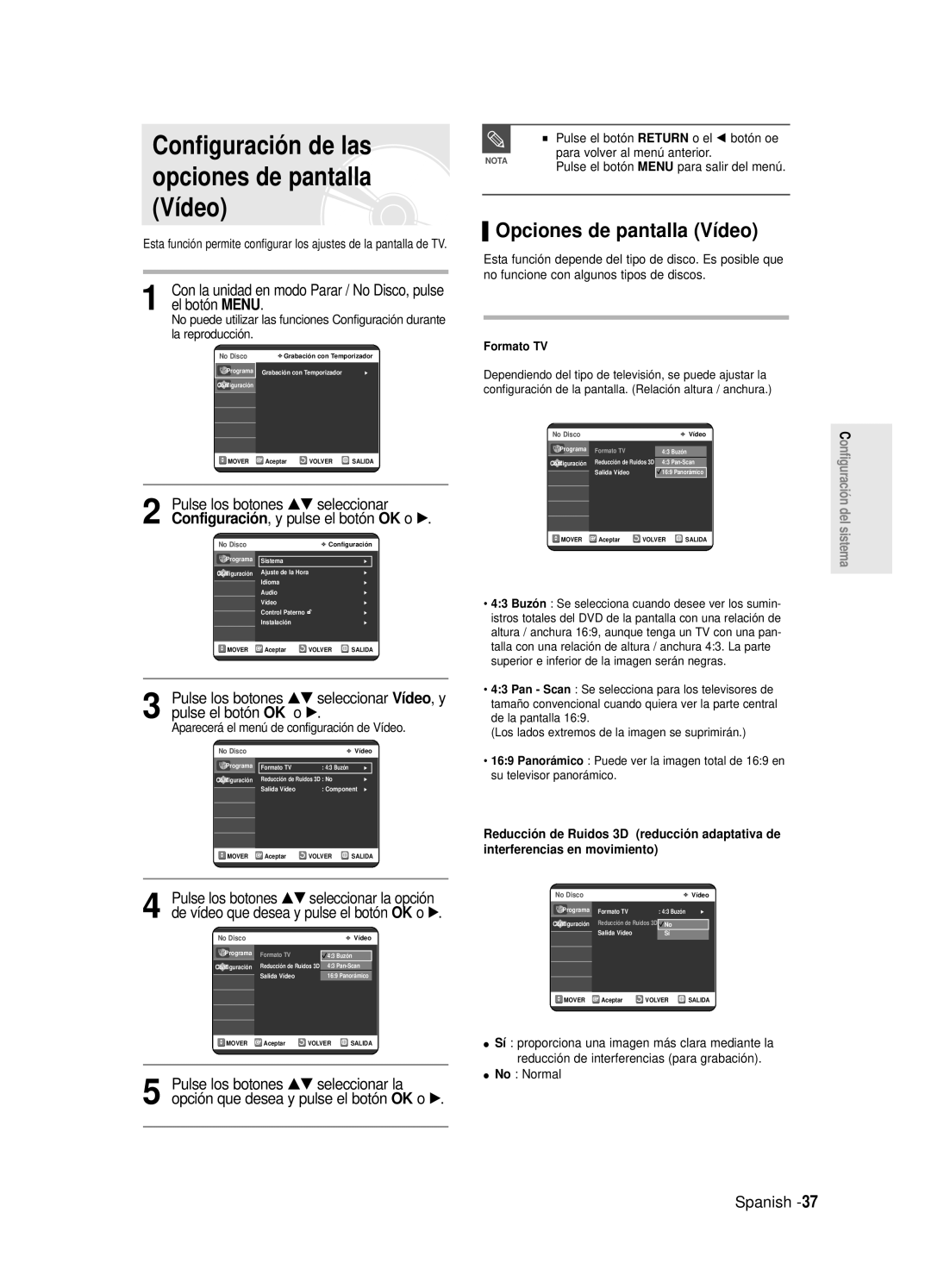 Samsung DVD-R120E/EUR, DVD-R121E/XEG, DVD-R120E/XEF manual Configuración de las, Opciones de pantalla Vídeo, No Normal 