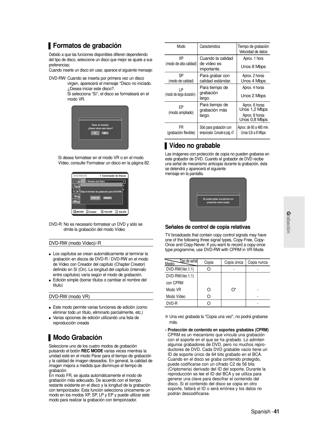 Samsung DVD-R120/EUR manual Formatos de grabación, Modo Grabación, Vídeo no grabable, Señales de control de copia relativas 