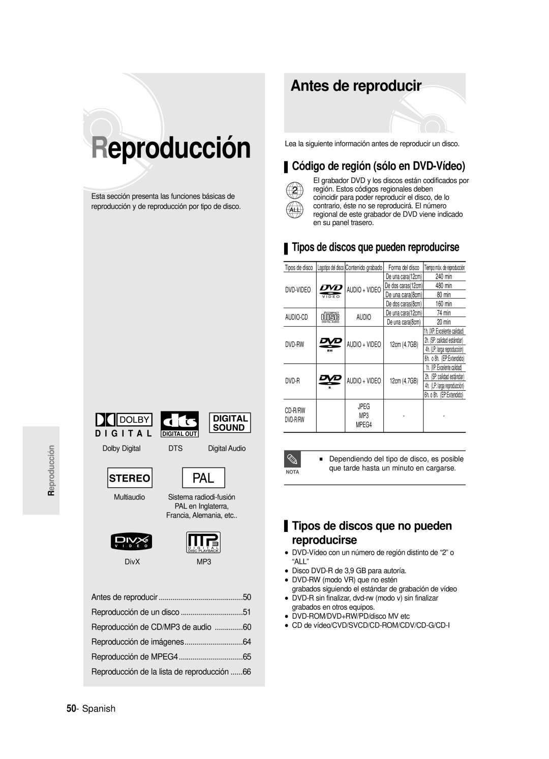 Samsung DVD-R120/XEF Antes de reproducir, Código de región sólo en DVD-Vídeo, Tipos de discos que no pueden reproducirse 