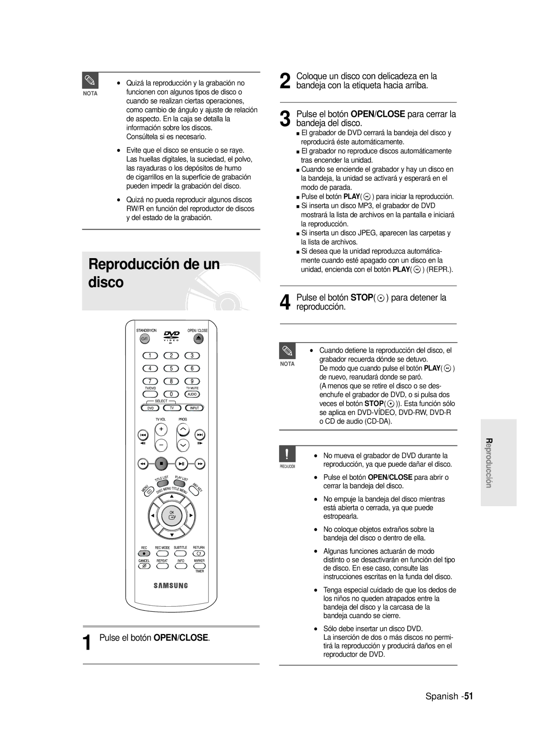 Samsung DVD-R120/XET Reproducción de un disco, Pulse el botón Stop para detener la reproducción, Pulse el botón OPEN/CLOSE 