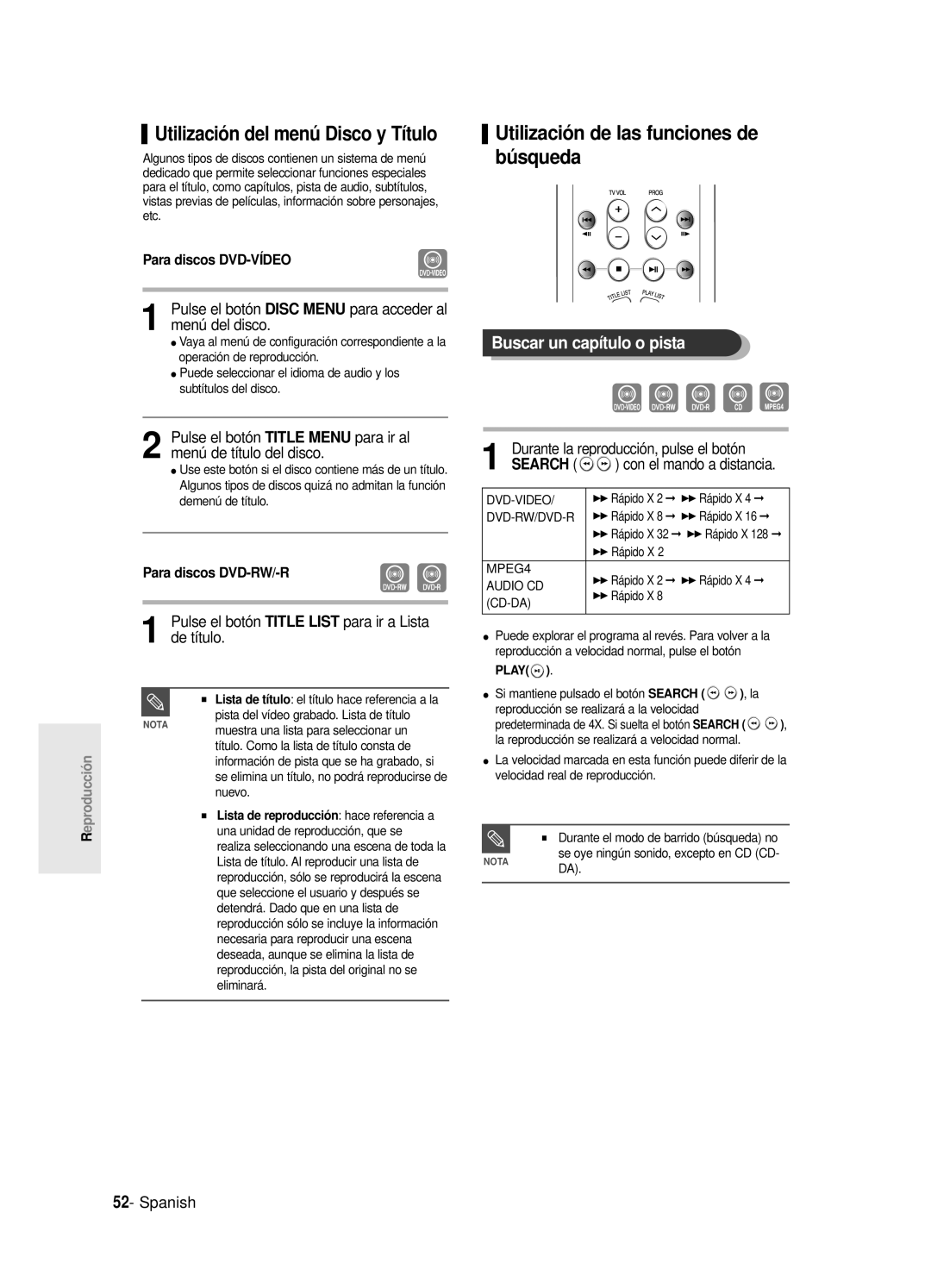 Samsung DVD-R120E/XET, DVD-R121E/XEG, DVD-R120E/XEF Utilización de las funciones de búsqueda, Buscar un capítulo o pista 