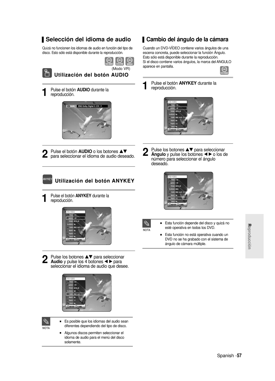 Samsung DVD-R120/EUR manual Selección del idioma de audio, Cambio del ángulo de la cámara, Utilización del botón Anykey 