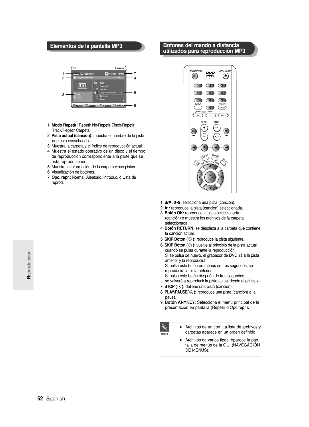 Samsung DVD-R120/XEU, DVD-R121E/XEG, DVD-R120E/XEF, DVD-R120/XEF, DVD-R120/XET, DVD-R120E/XET Elementos de la pantalla MP3 