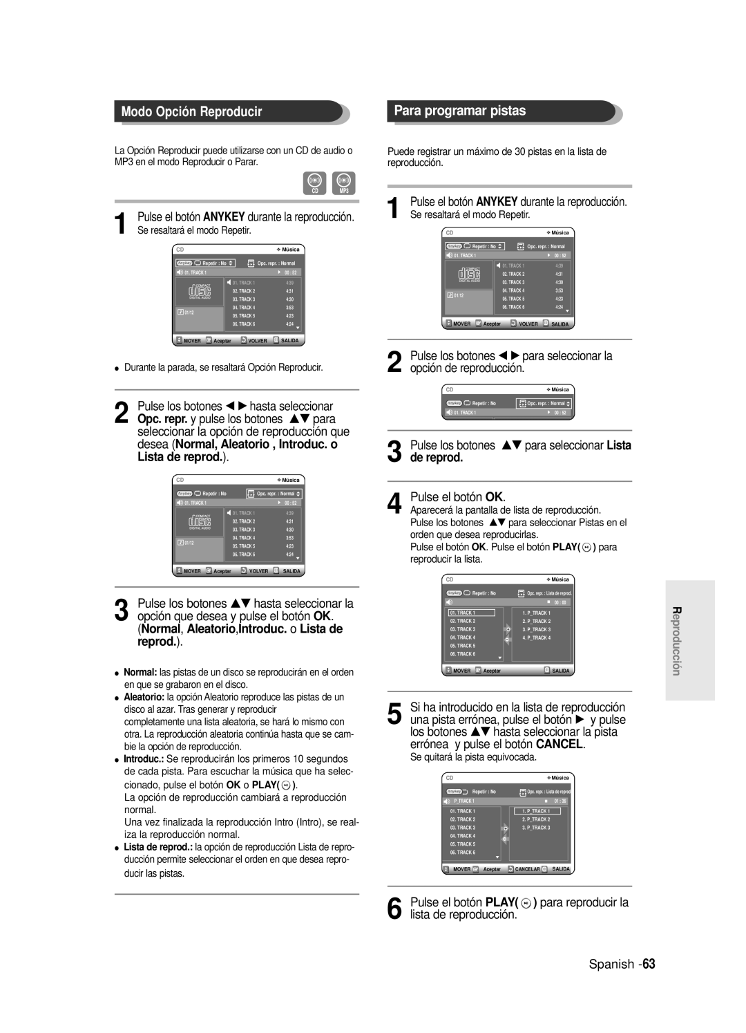 Samsung DVD-R120E/XEC Modo Opción Reproducir Para programar pistas, Lista de reprod, Desea Normal, Aleatorio , Introduc. o 