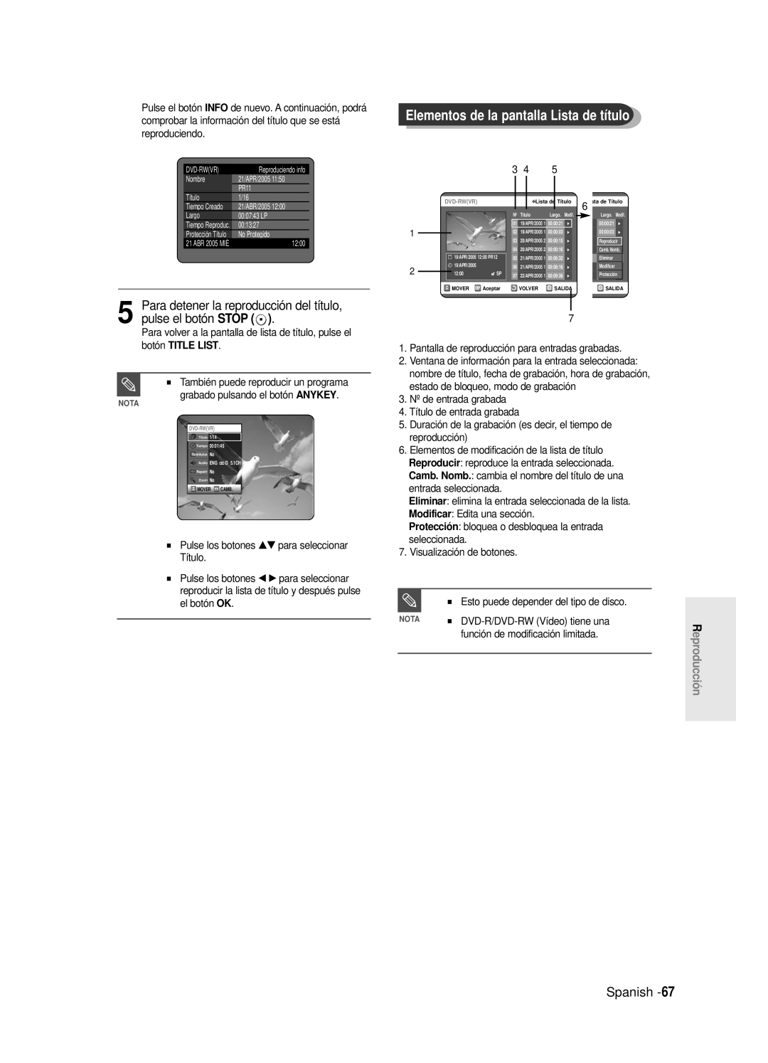 Samsung DVD-R120/XET, DVD-R121E/XEG, DVD-R120E/XEF, DVD-R120/XEF Para detener la reproducción del título Pulse el botón Stop 