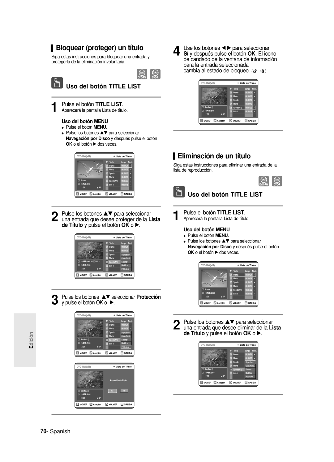 Samsung DVD-R120/XEB, DVD-R121E/XEG Bloquear proteger un título, Eliminación de un título, Cambia al estado de bloqueo 