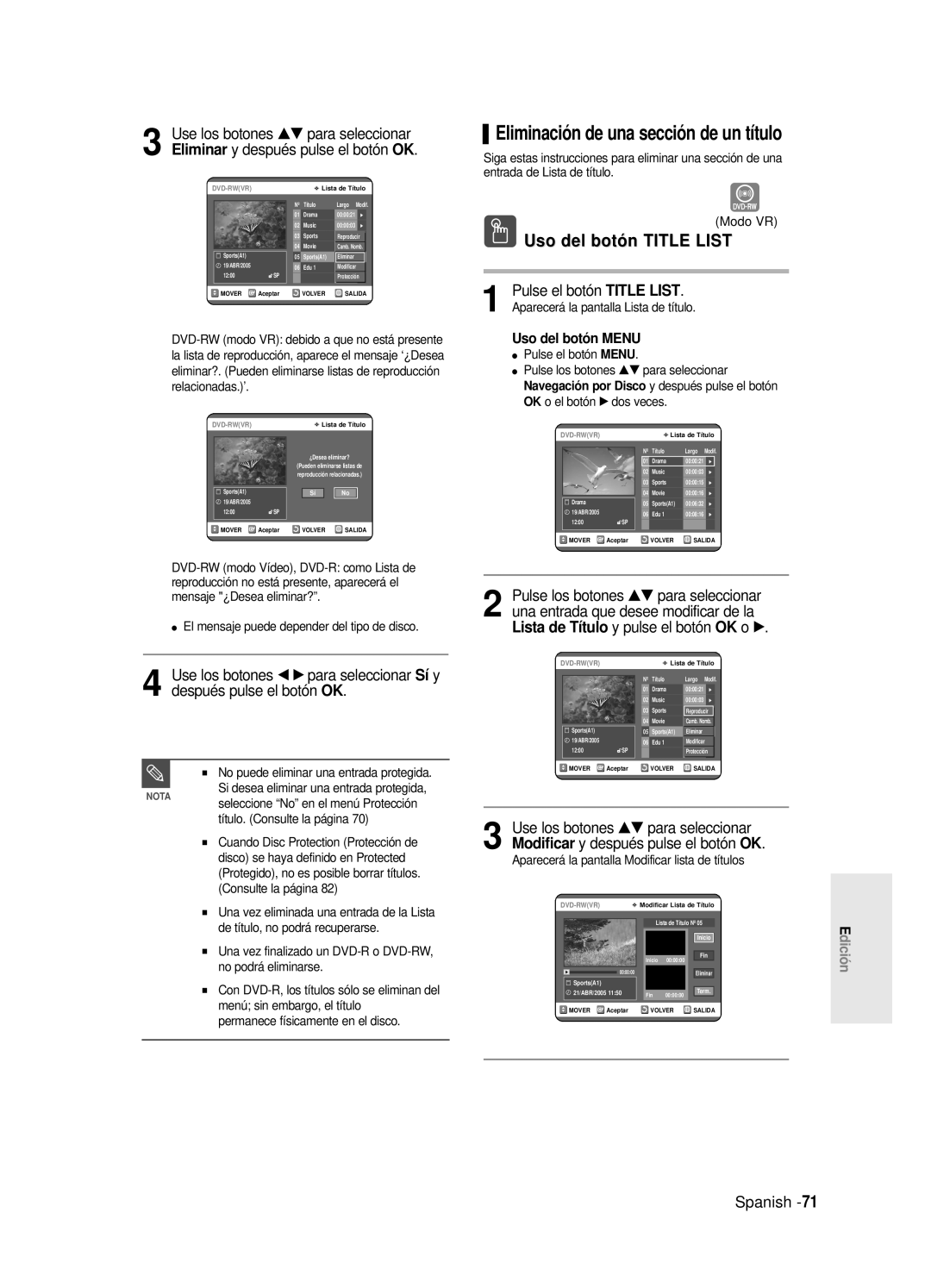 Samsung DVD-R120/XEH, DVD-R121E/XEG manual Eliminación de una sección de un título, Use los botones …† para seleccionar 