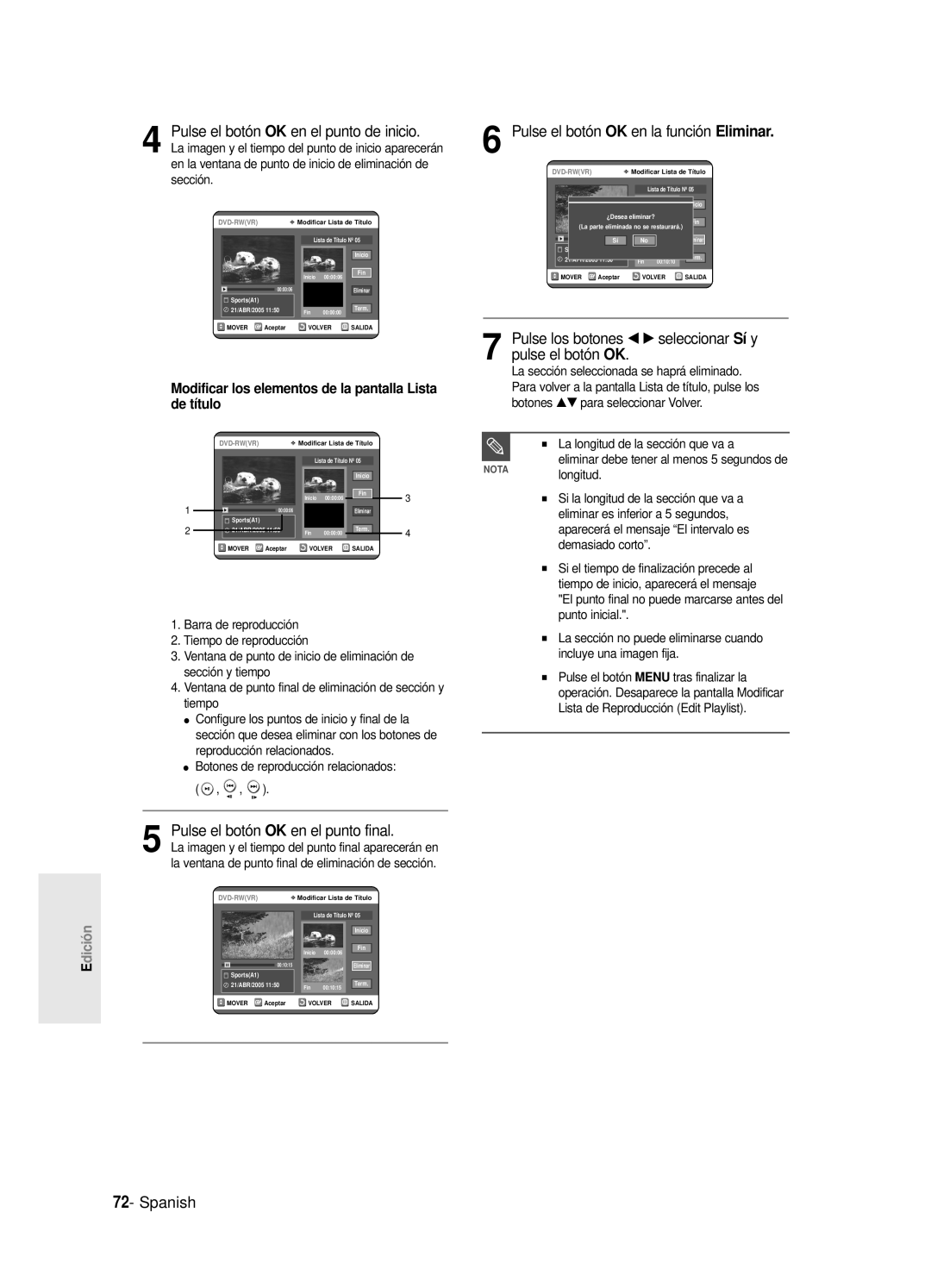 Samsung DVD-R120/XEE Pulse el botón OK en la función Eliminar, Modificar los elementos de la pantalla Lista de título 