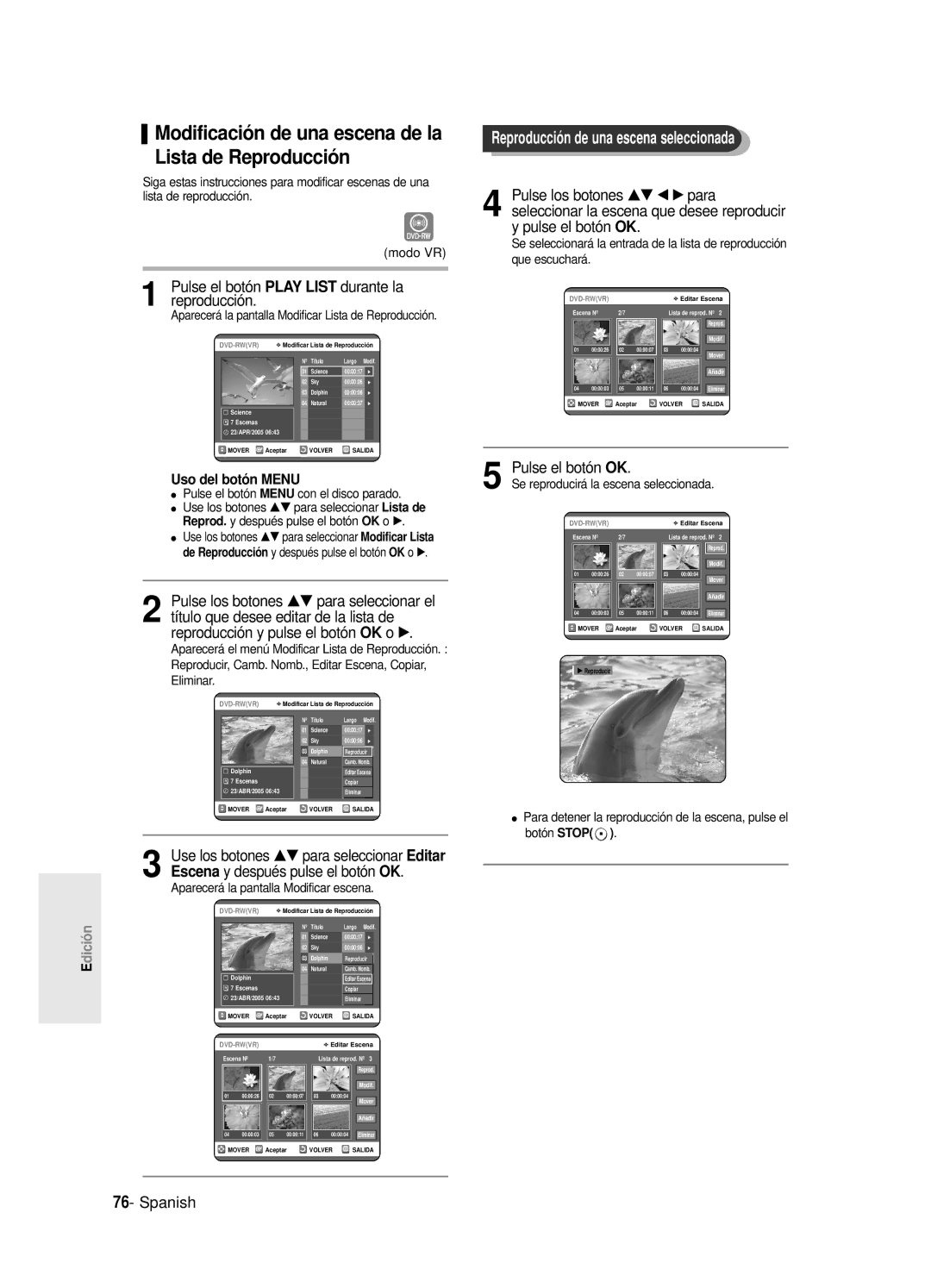 Samsung DVD-R121E/EUR Modificación de una escena de la Lista de Reproducción, Reproducción de una escena seleccionada 