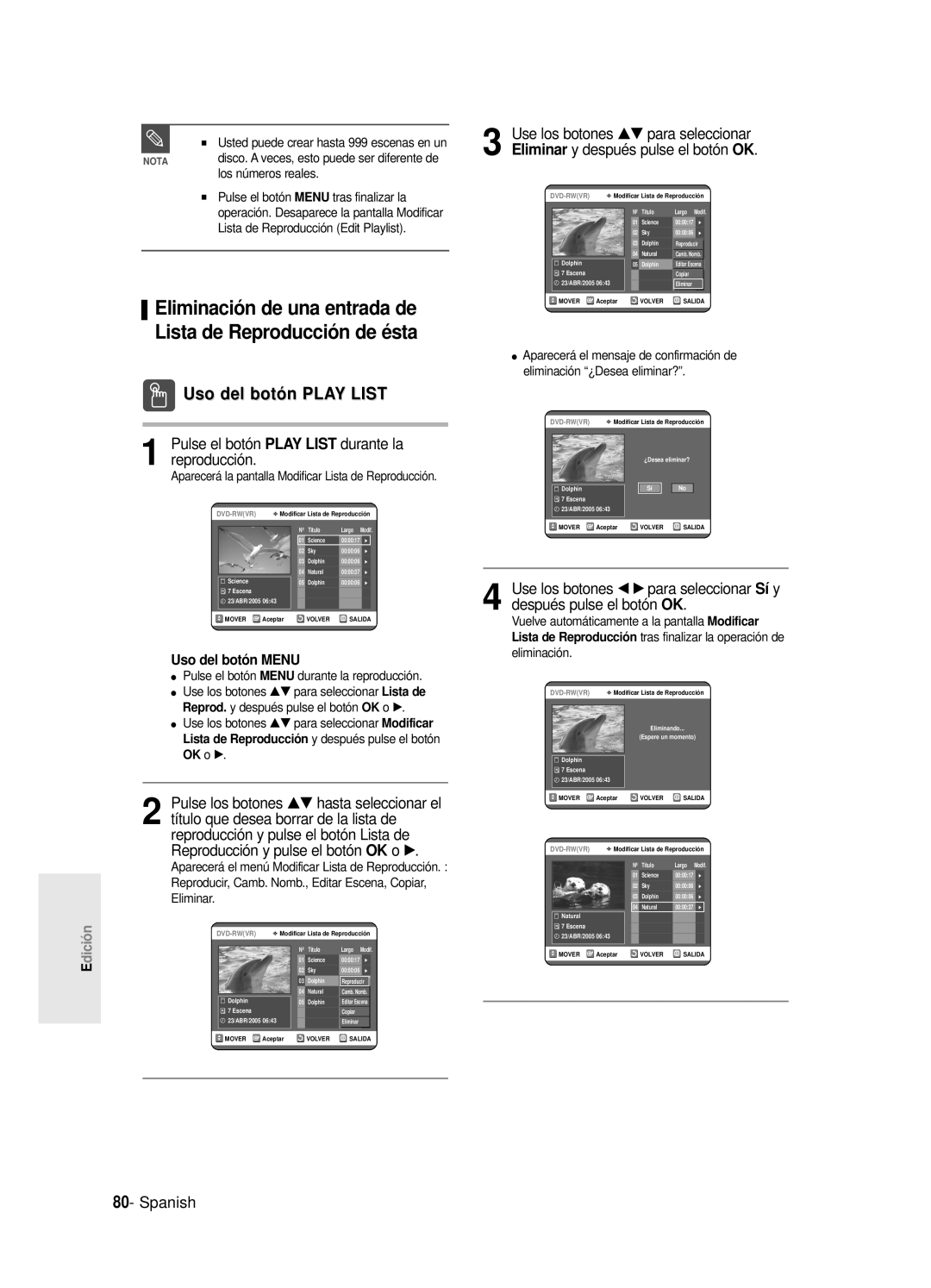 Samsung DVD-R121E/XEG, DVD-R120E/XEF manual Eliminación de una entrada de Lista de Reproducción de ésta, Los números reales 