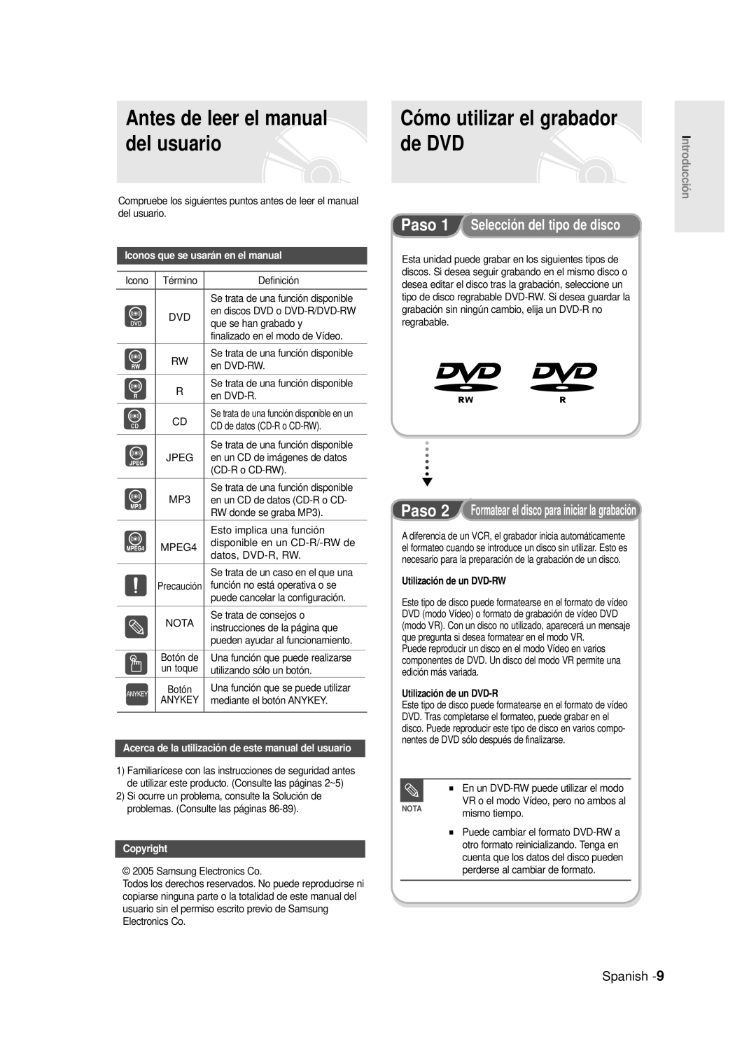 Samsung DVD-R120/EUR, DVD-R121E/XEG, DVD-R120E/XEF Antes de leer el manual, Del usuario De DVD, Utilización de un DVD-RW 