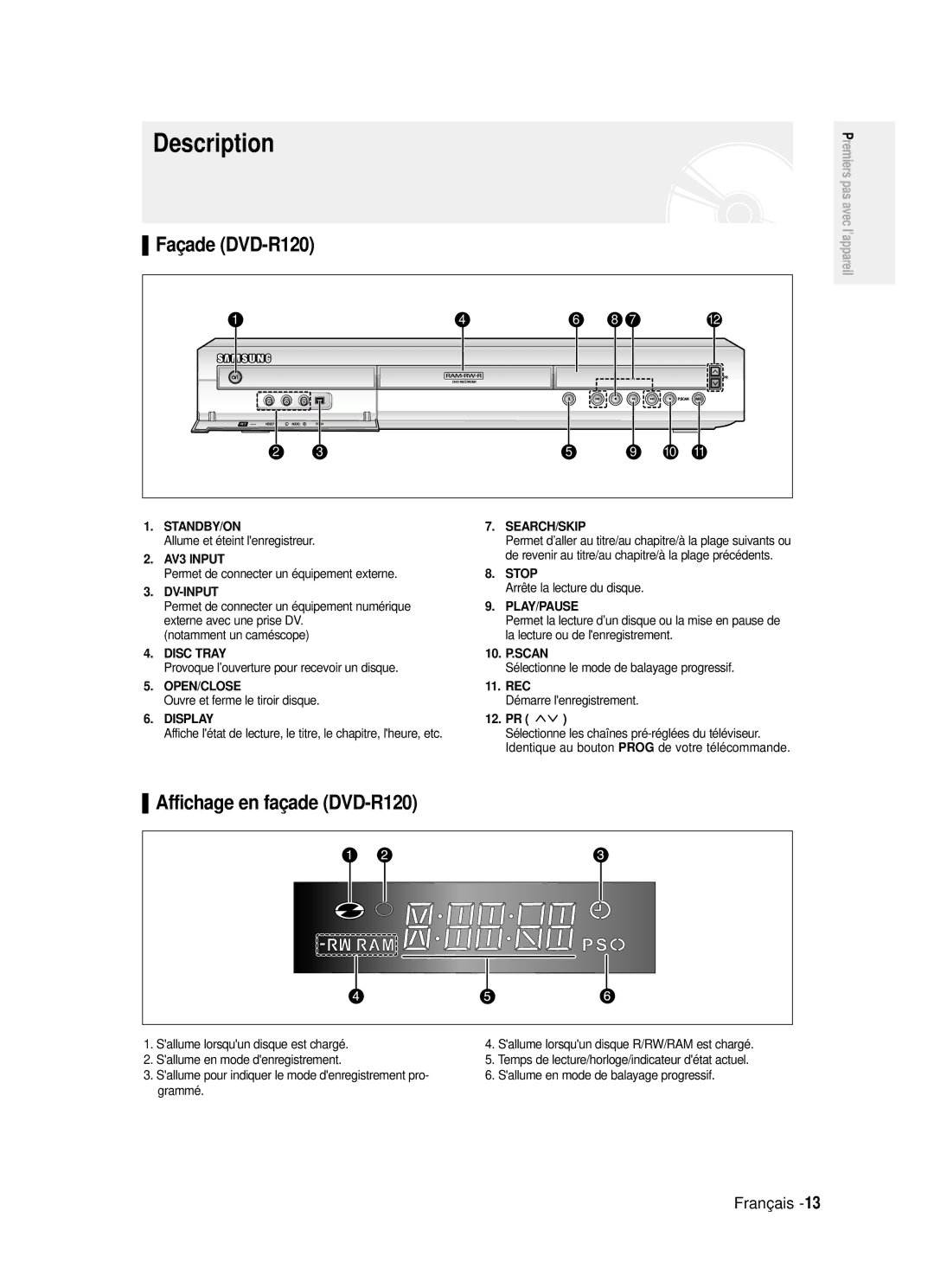 Samsung DVD-R121/XEF, DVD-R121P manual Description, Affichage en façade DVD-R120, Façade DVD-R120 