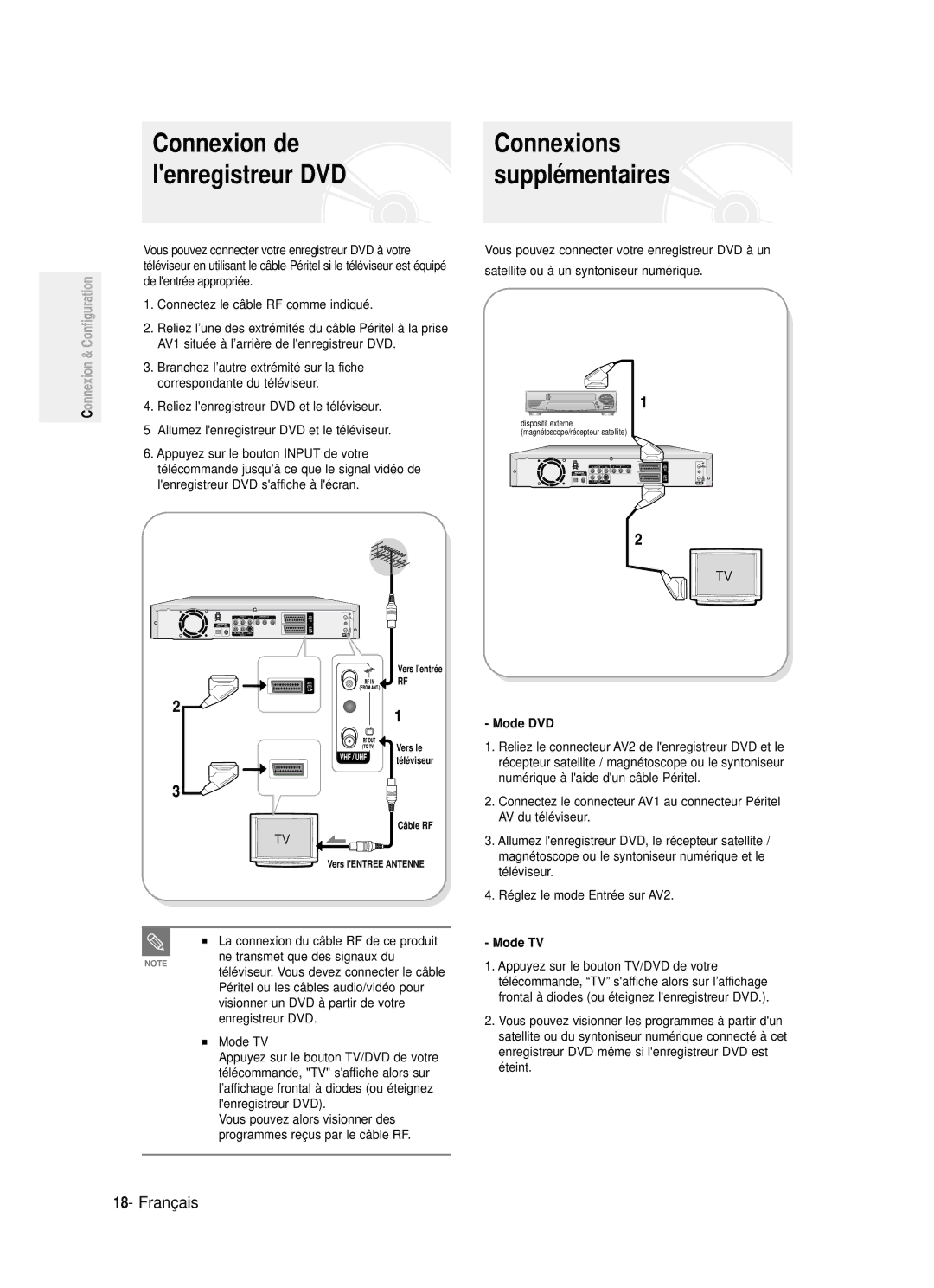 Samsung DVD-R121P, DVD-R121/XEF manual Connexion de lenregistreur DVD, Mode DVD, Mode TV 