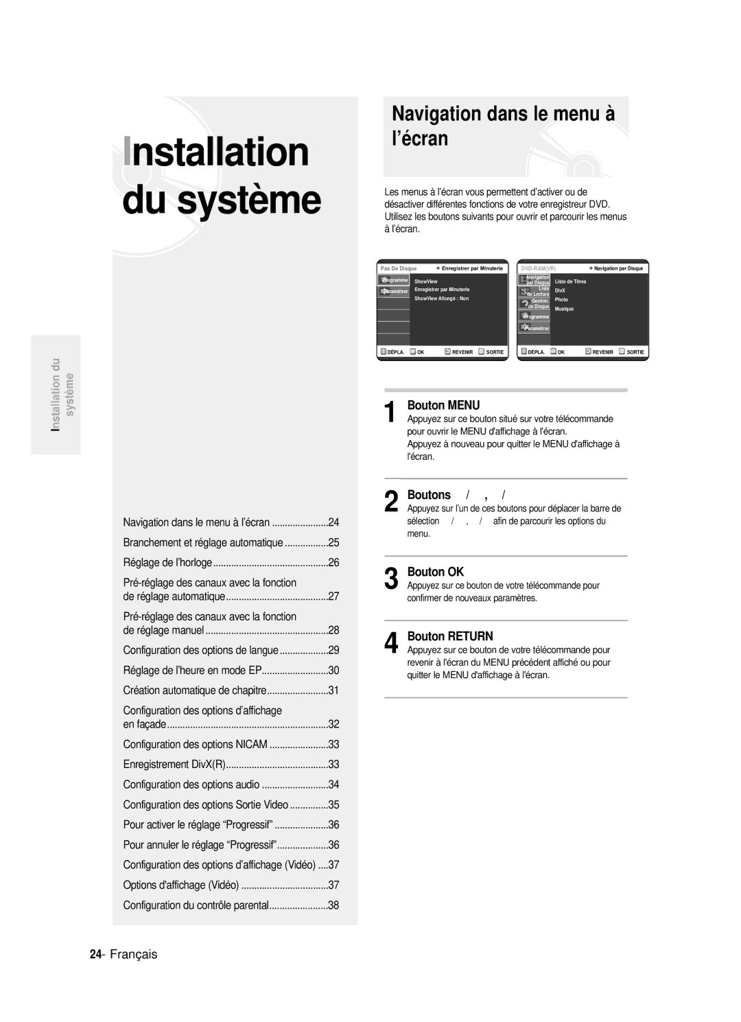 Samsung DVD-R121P manual Navigation dans le menu à l’écran, Bouton Menu, Boutons … / † , œ / √, Bouton OK, Bouton Return 