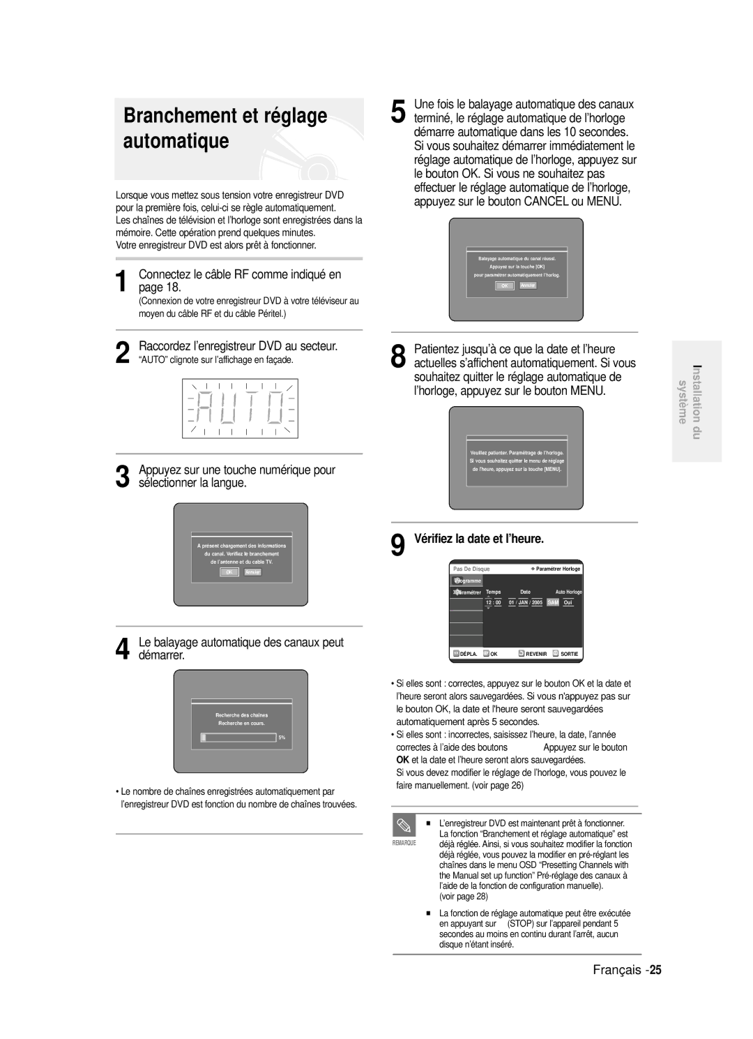 Samsung DVD-R121/XEF, DVD-R121P manual Branchement et réglage automatique, Vérifiez la date et l’heure 