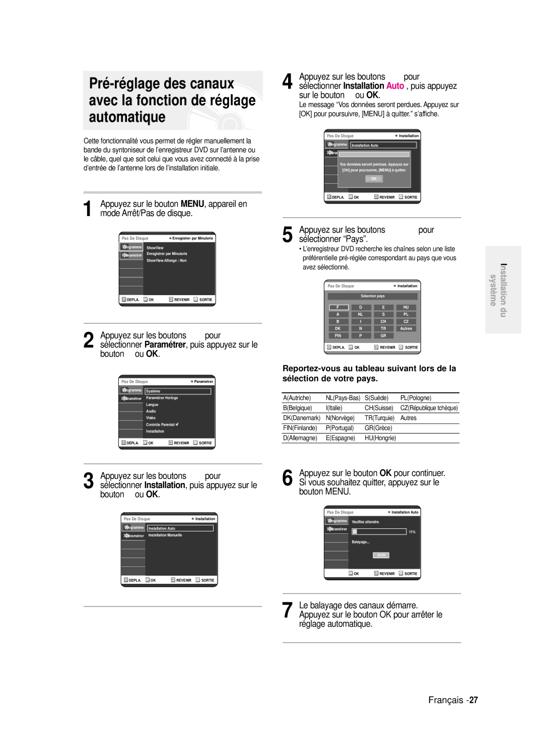 Samsung DVD-R121/XEF, DVD-R121P …† pour, Sélectionner Pays, OK pour continuer, Bouton Menu, Réglage automatique Français 
