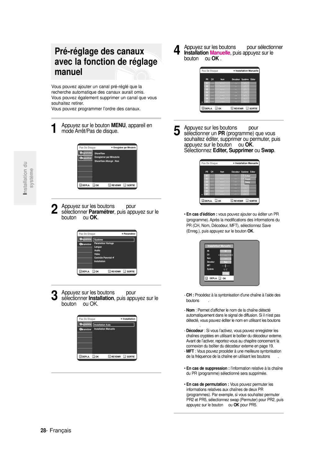 Samsung DVD-R121P manual Pré -réglage des canaux avec la fonction de réglage manuel, Bouton √ ou OK, PR programme que vous 