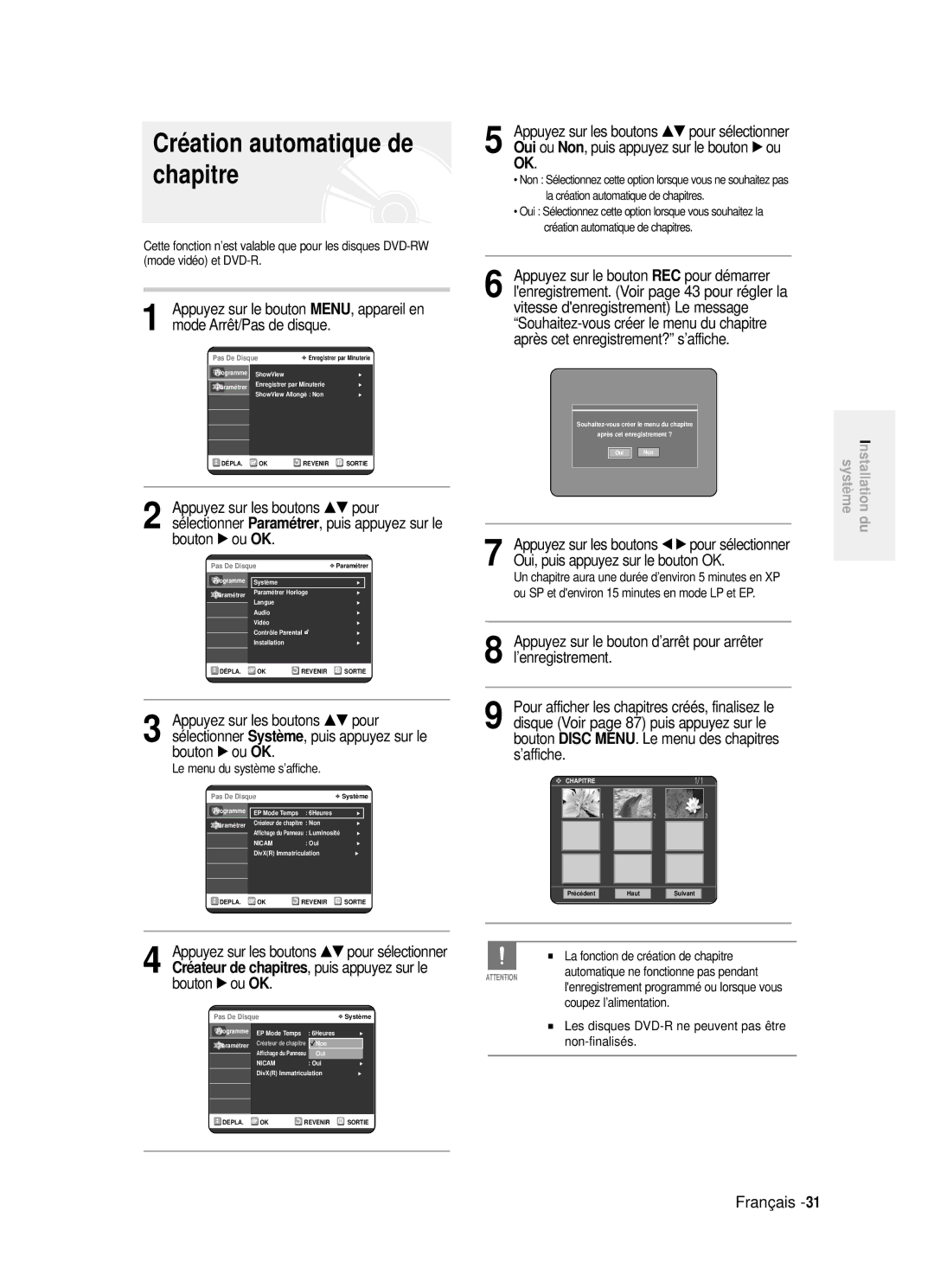 Samsung DVD-R121/XEF, DVD-R121P manual Création automatique de chapitre, Oui, puis appuyez sur le bouton OK, ’enregistrement 