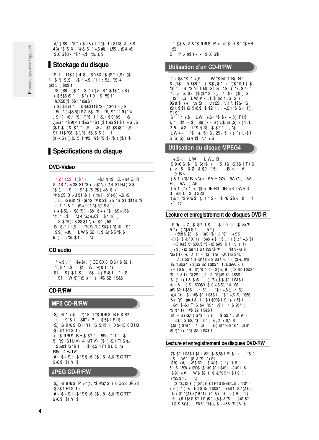 Samsung DVD-R121P Stockage du disque, Spécifications du disque, Utilisation d’un CD-R/RW, Utilisation du disque MPEG4 