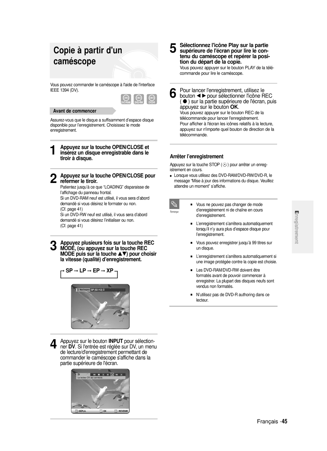 Samsung DVD-R121/XEF manual Copie à partir dun caméscope, Appuyez sur le bouton, Pour lancer lenregistrement, utilisez le 