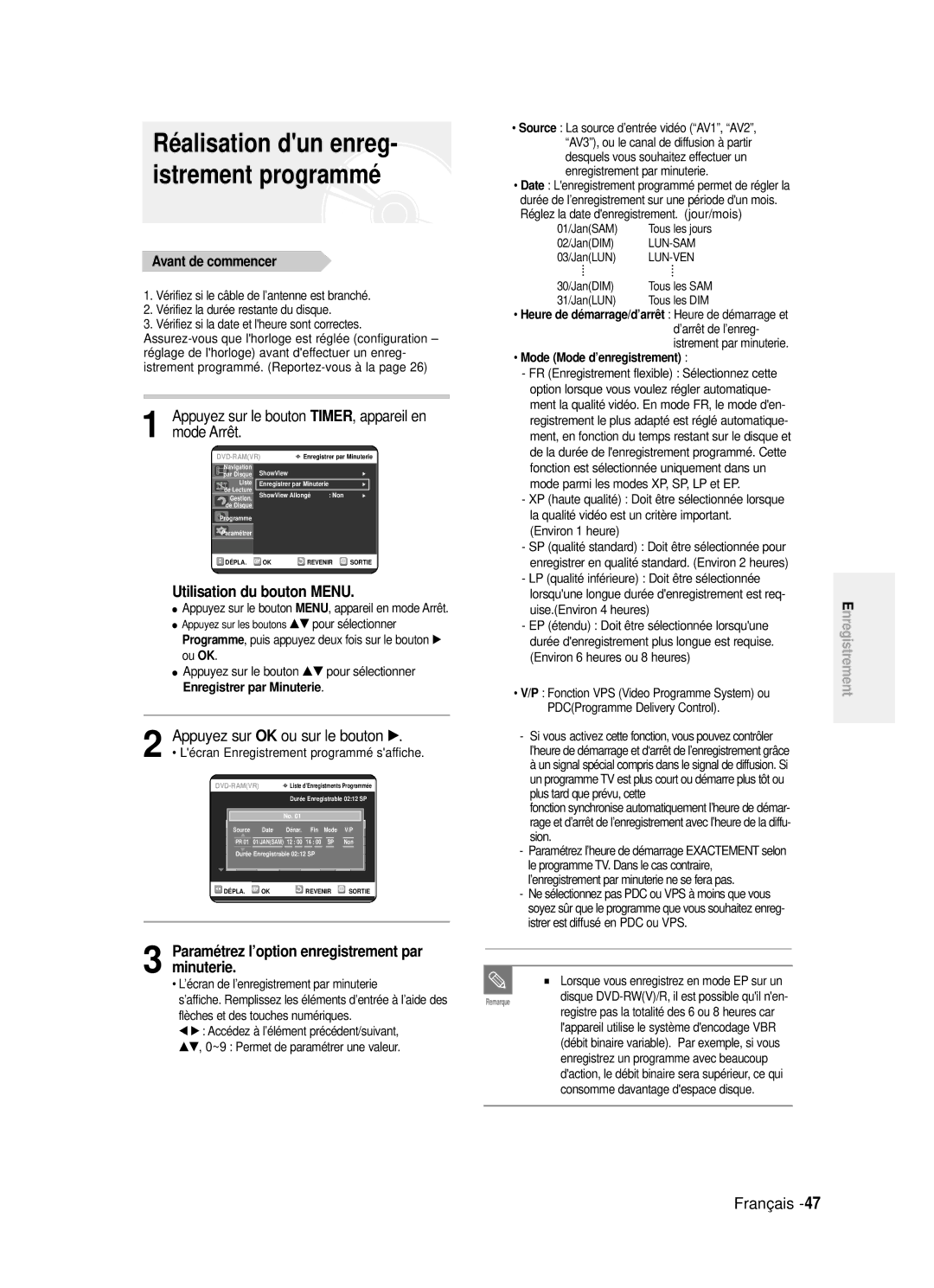 Samsung DVD-R121/XEF manual Réalisation dun enreg- istrement programmé, Mode Arrêt, Utilisation du bouton Menu, Appuyez sur 