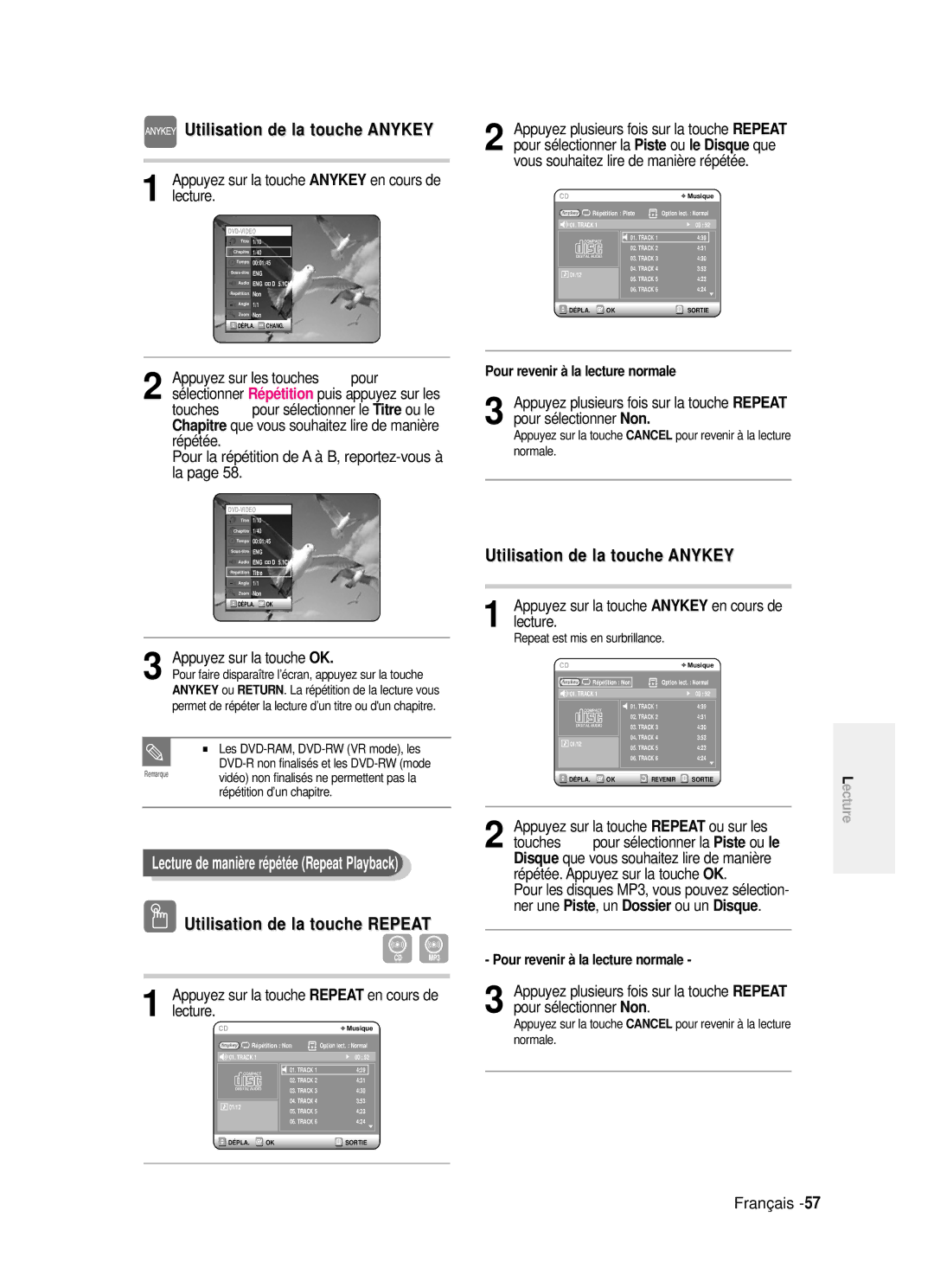 Samsung DVD-R121/XEF, DVD-R121P manual Titre ou le, Le Disque que, Non, Repeat ou sur les, Piste ou le, Dossier ou un Disque 