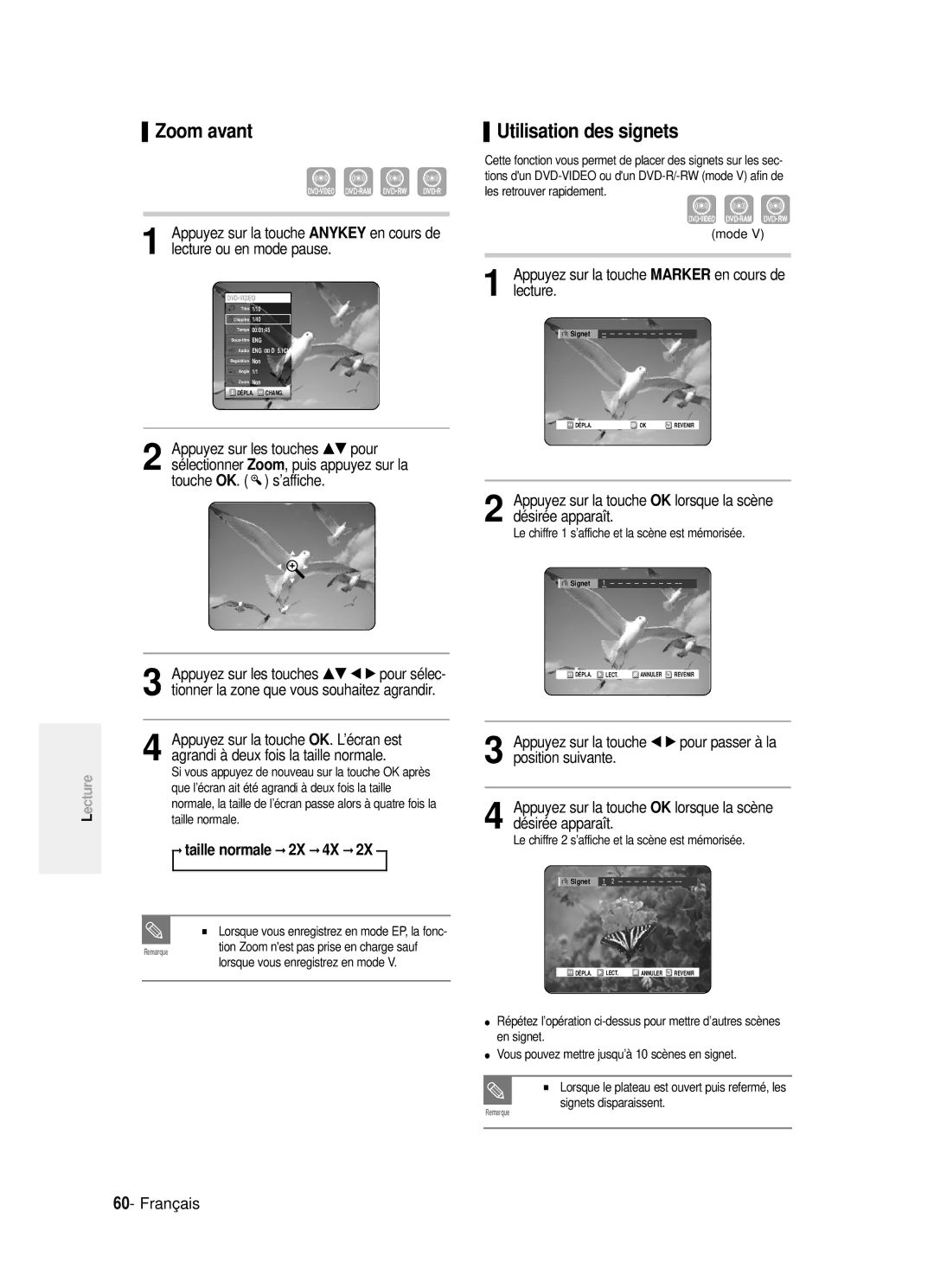 Samsung DVD-R121P, DVD-R121/XEF manual Zoom avant, Utilisation des signets, ’affiche, Taille normale 2X 4X 