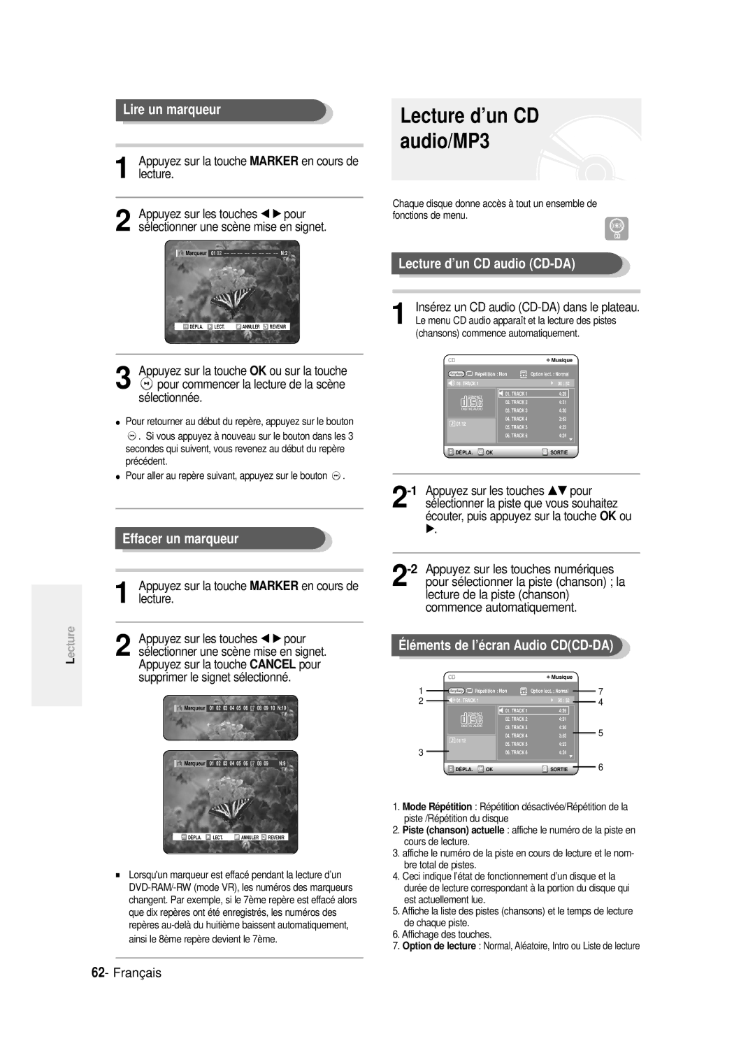 Samsung DVD-R121P manual Lecture d’un CD audio/MP3, Lire un marqueur, Effacer un marqueur, Lecture d’un CD audio CD-DA 