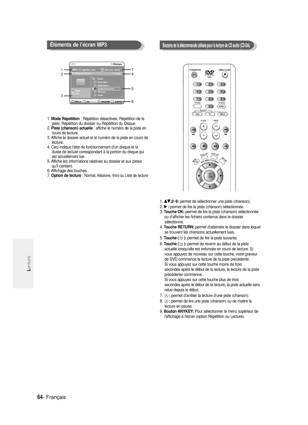 Samsung DVD-R121P, DVD-R121/XEF manual Léments de l’écran MP3, Sélectionné, Si vous appuyez sur cette touche moins de trois 