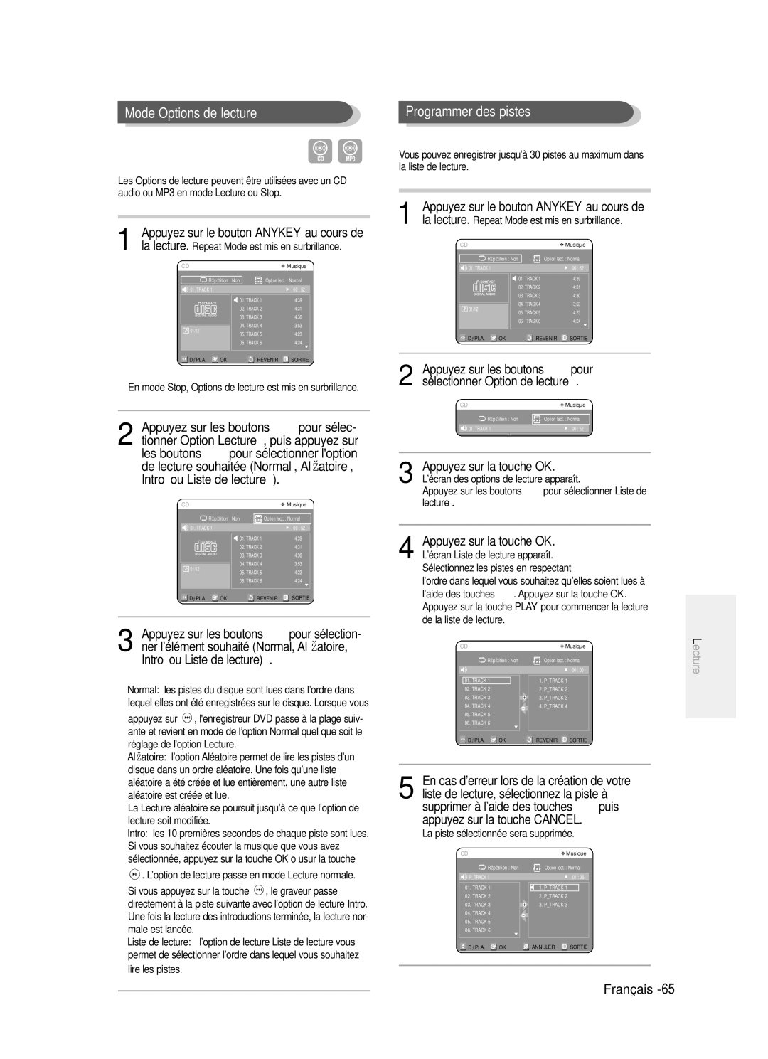 Samsung DVD-R121/XEF Mode Options de lecture, …† pour sélectionner loption, Intro ou Liste de lecture, Option de lecture 