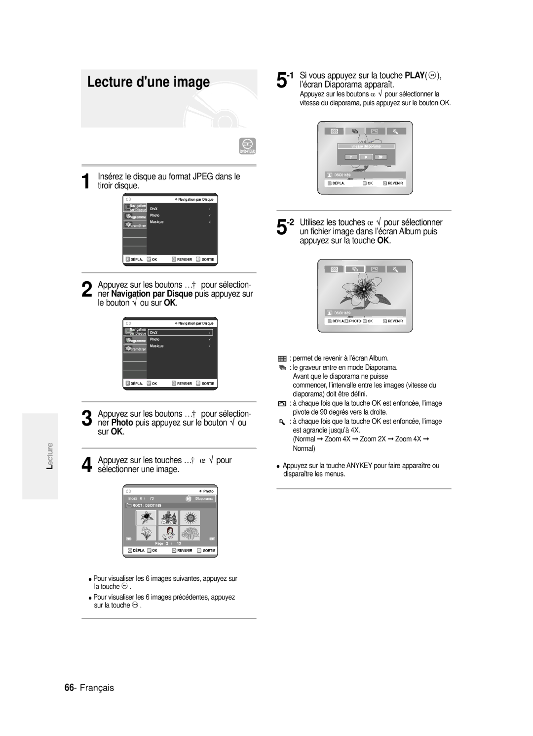 Samsung DVD-R121P, DVD-R121/XEF manual Lecture dune image, Tiroir disque, Play, Navigation par Disque puis appuyez sur 