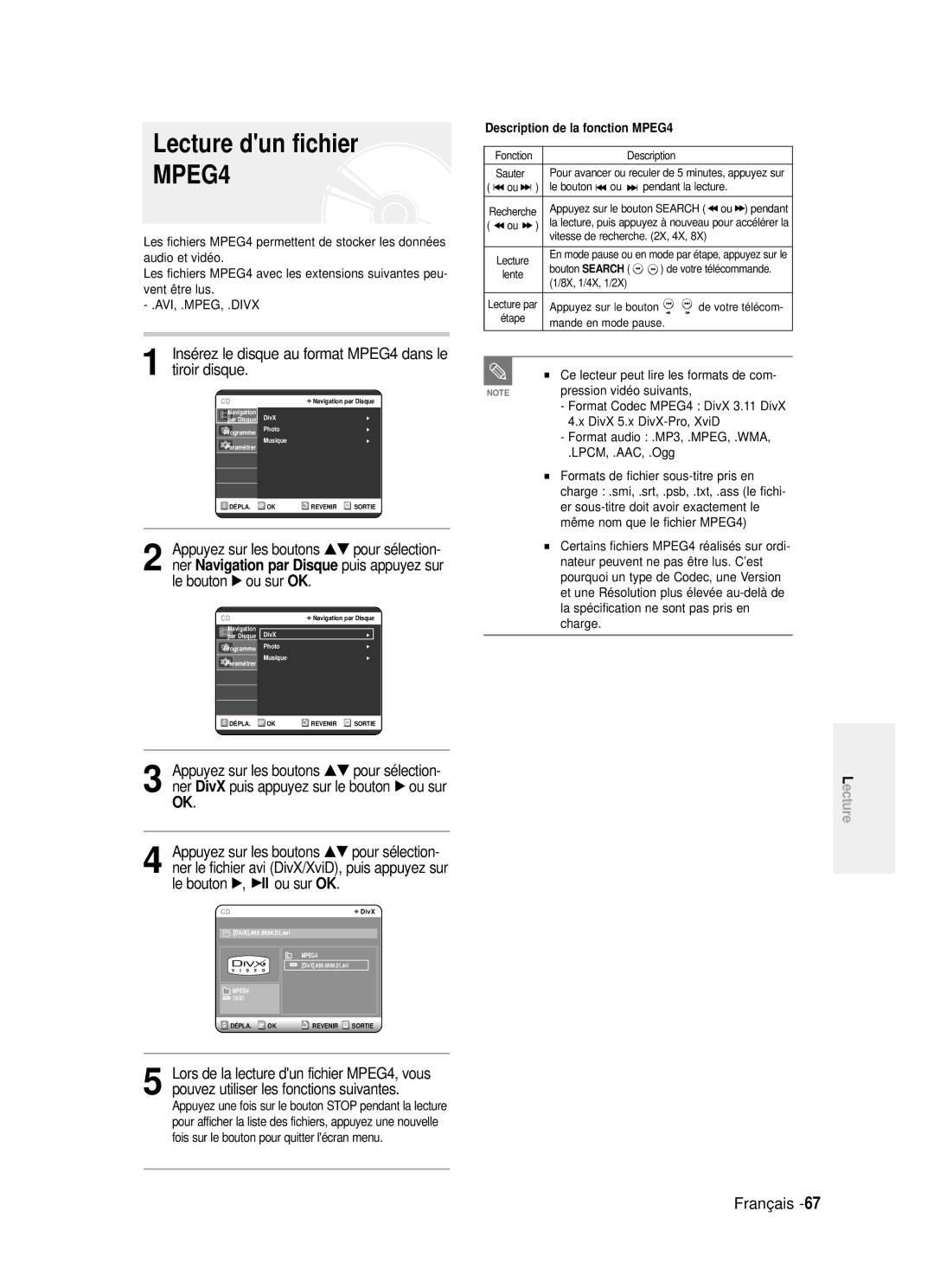 Samsung DVD-R121/XEF Lecture dun fichier, Ner le fichier avi DivX/XviD, puis appuyez sur, Description de la fonction MPEG4 